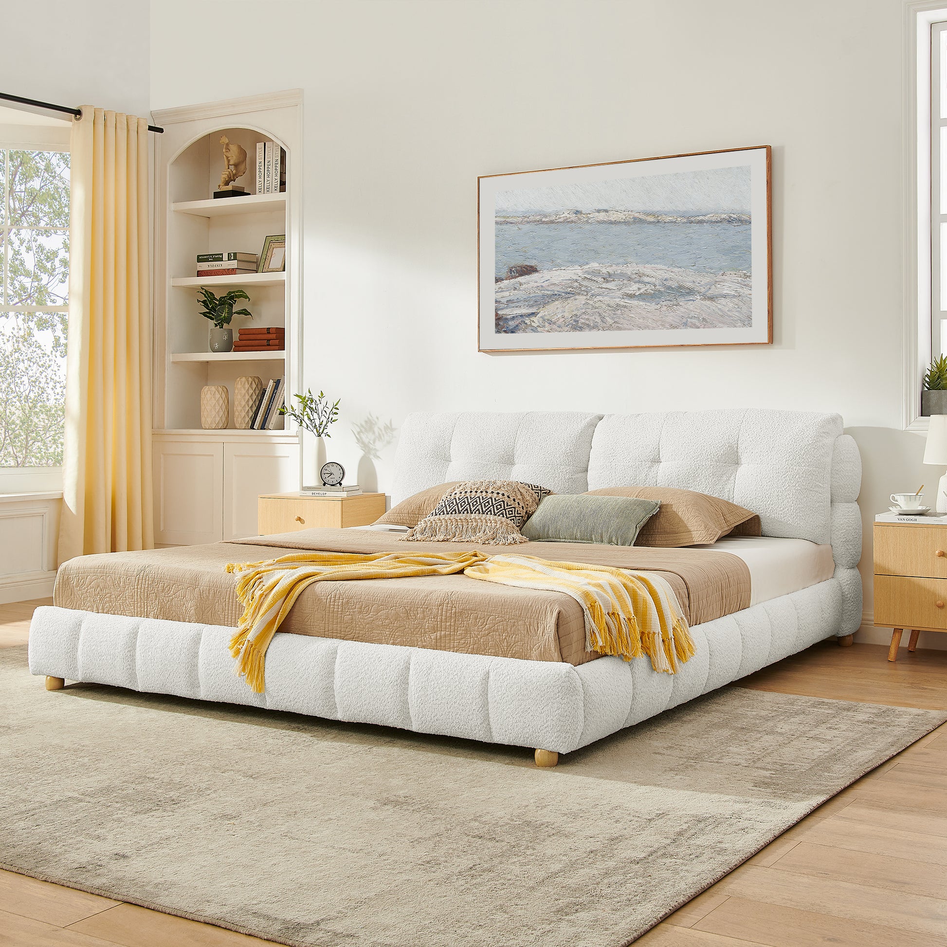 King Cream Style Bouclé Fabric Platform Bed, Soft Cloud-Like Upholstered Frame with Solid Wood Legs, No Box Spring Needed image 2