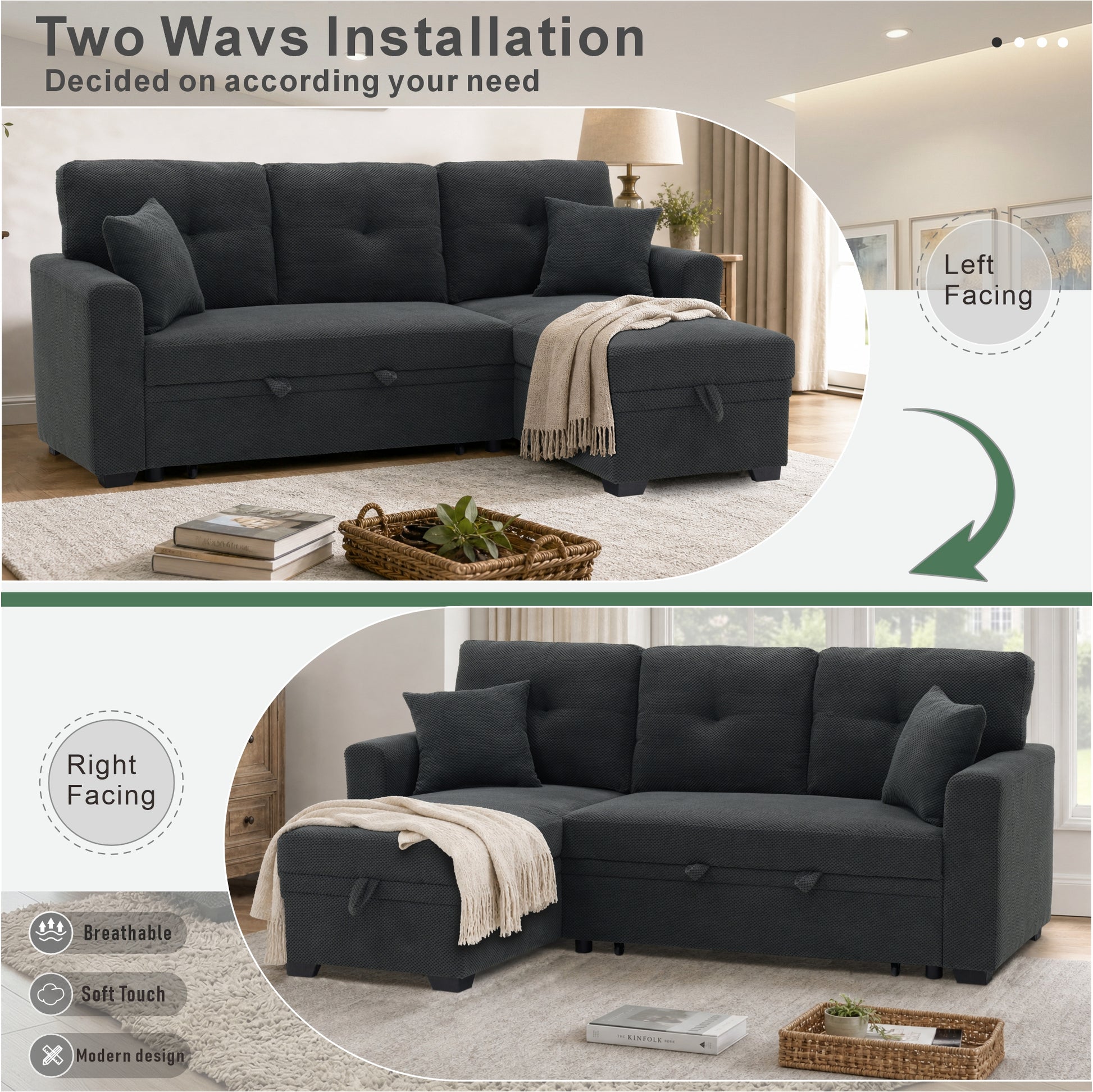 Sleeper Sofa, Sectional with Pull-Out Bed, Reversible Chaise, Storage Sectional, Dark Gray breathable fabric, Small Space Solution, Convertible Sofa Bed, Living Room Furniture, L-Shaped Sofa image 5