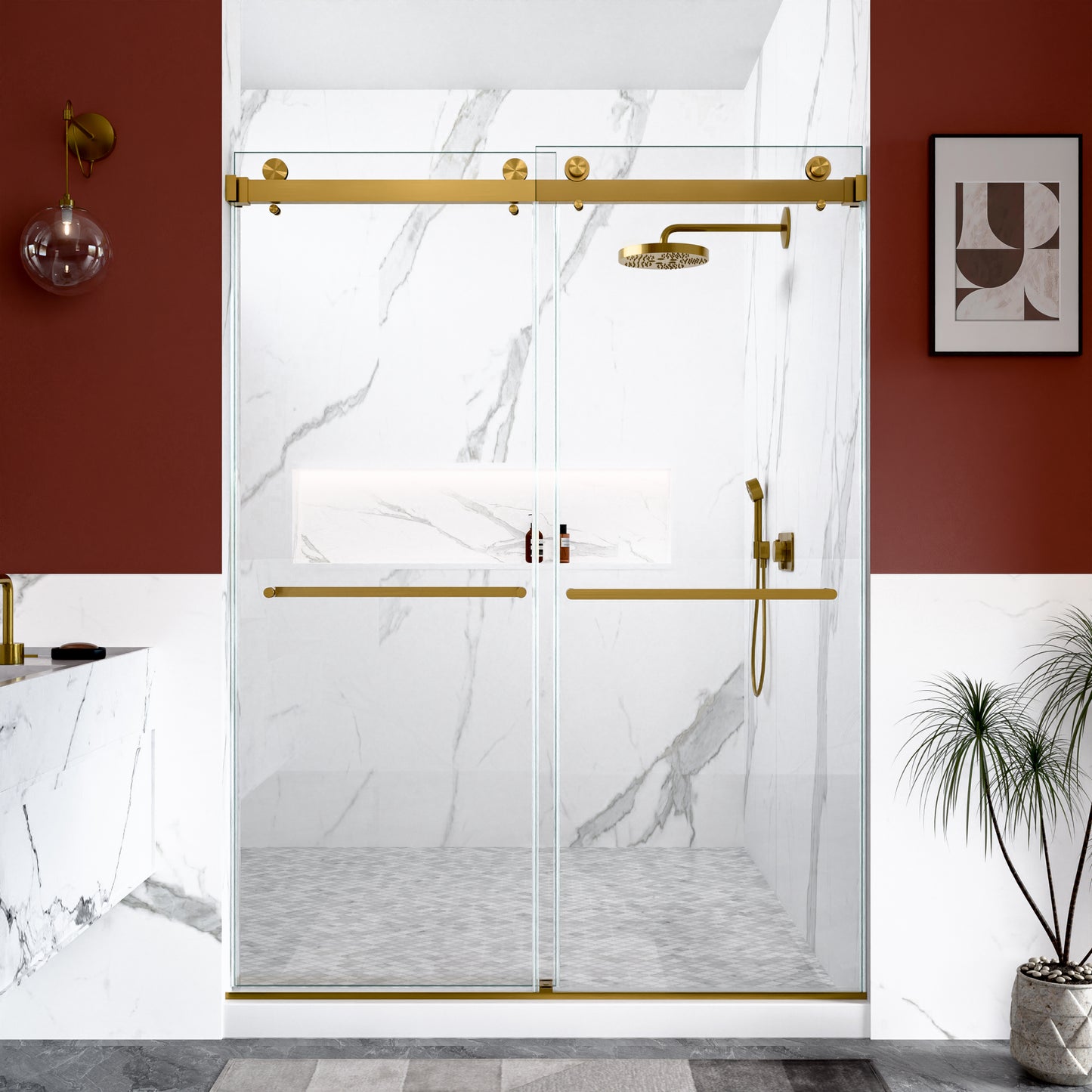 56"-60"W x 80"H Frameless Double Sliding Shower Door, 3/8 inches (10mm) Thick SGCC Tempered Glass Door, Brushed Gold image 1