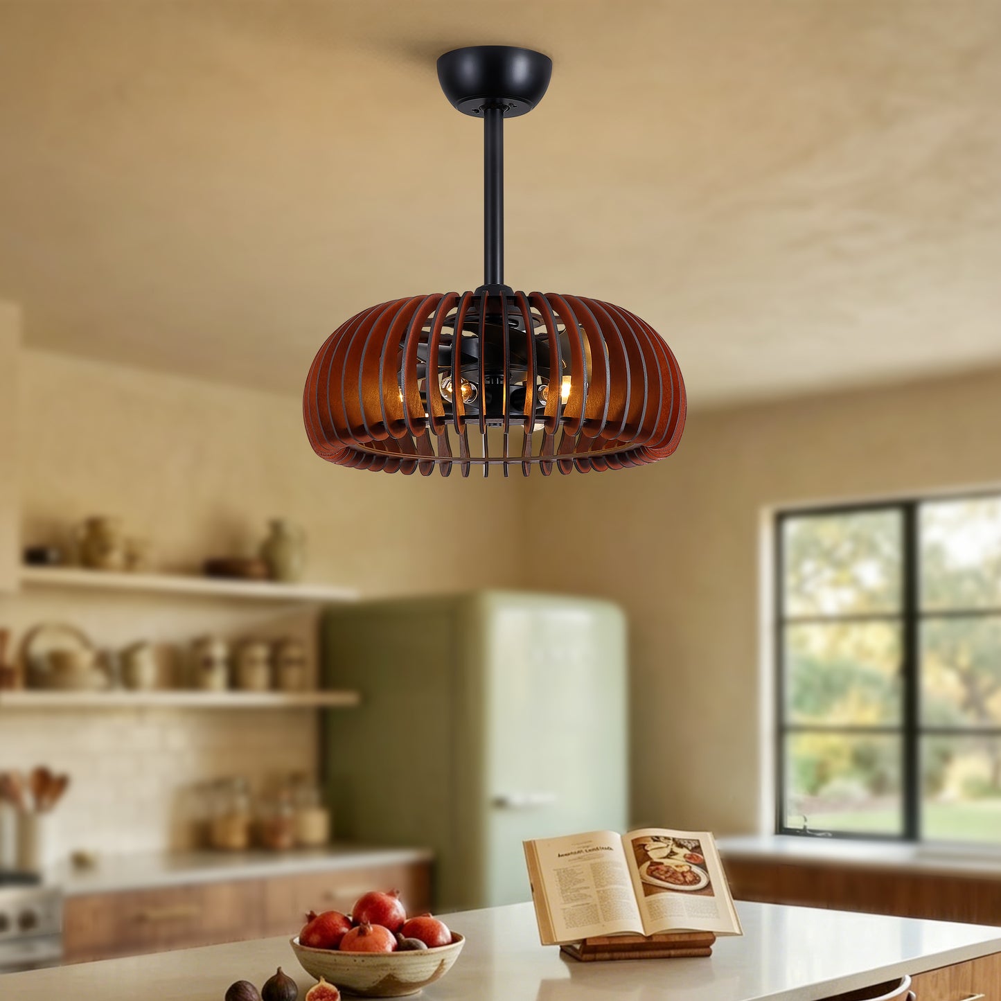 20" Pumpkin Wood Ceiling Fan, Rustic Farmhouse Plywood Fandelier with 6 E12 Sockets, Reversible DC Motor, Adjustable Hanging, 6 Speeds Remote Control Ceiling Fan for Dining Room Kitchen image 3