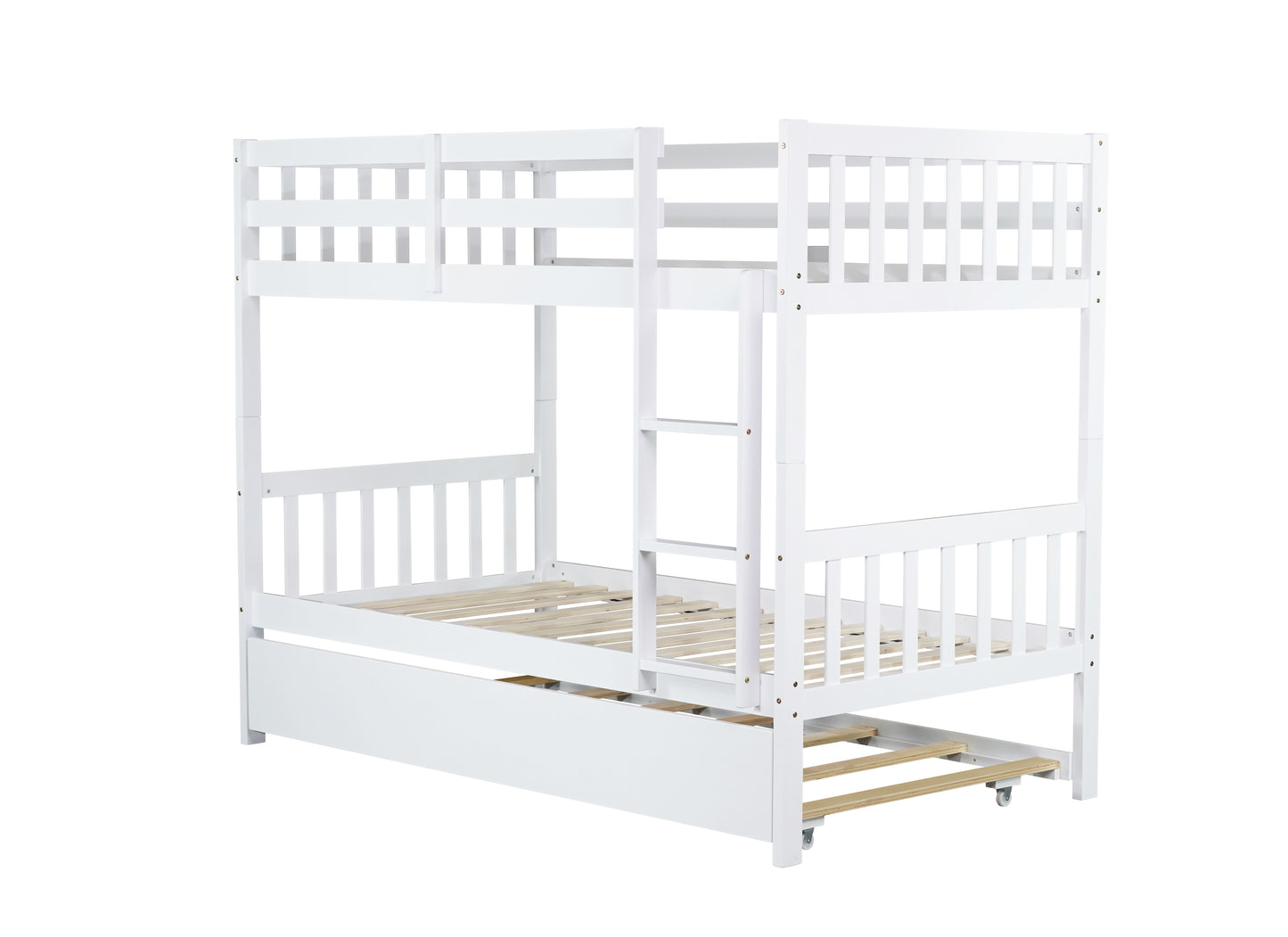 Twin Over Twin Rubber Wood Bunk Bed with Trundle, Convertible into Twin Size Beds, Twin Size Bunk Bed with Ladder and Safety Guardrails, White image 7