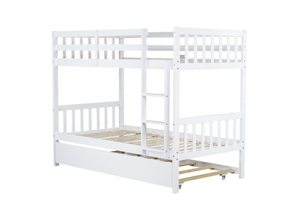 Twin Over Twin Rubber Wood Bunk Bed with Trundle, Convertible into Twin Size Beds, Twin Size Bunk Bed with Ladder and Safety Guardrails, White image 7