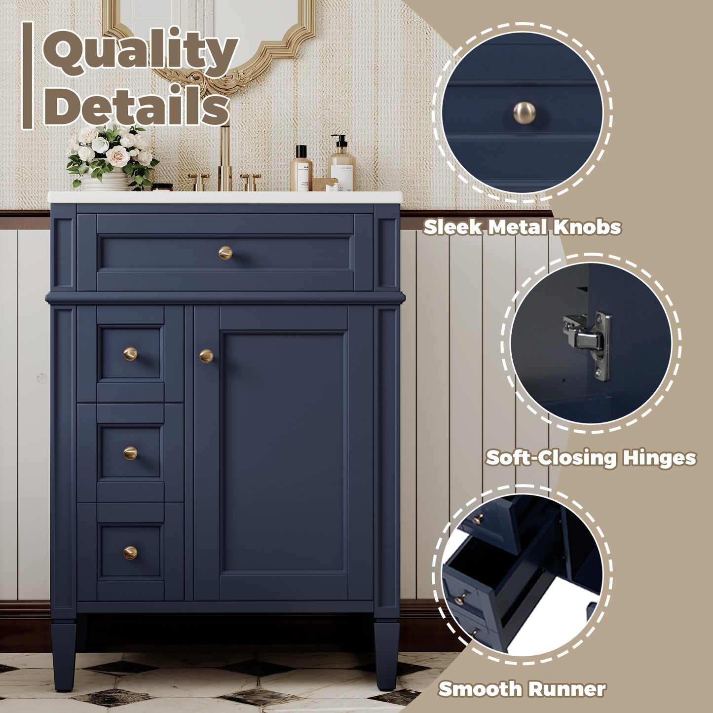 24'' Bathroom Vanity with Top Sink, Modern Bathroom Storage Cabinet with 2 Drawers and a Tip-out Drawer, Single Sink Bathroom Vanity image 7
