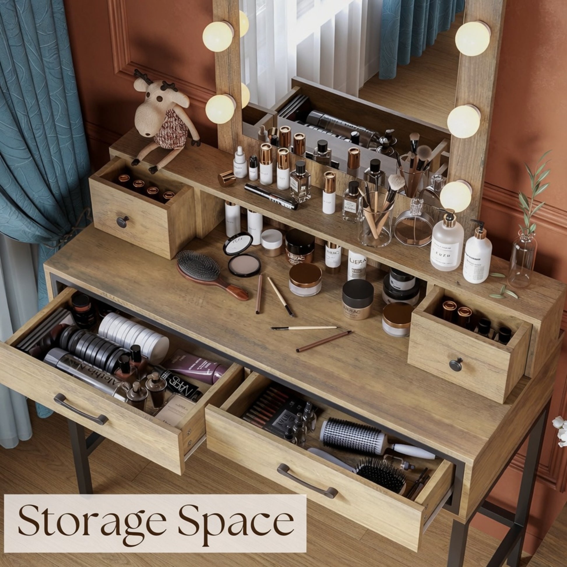 39.37" Brown Vanity Desk with 3-Color Lighted Mirror - Makeup Table with 4 Drawers image 4