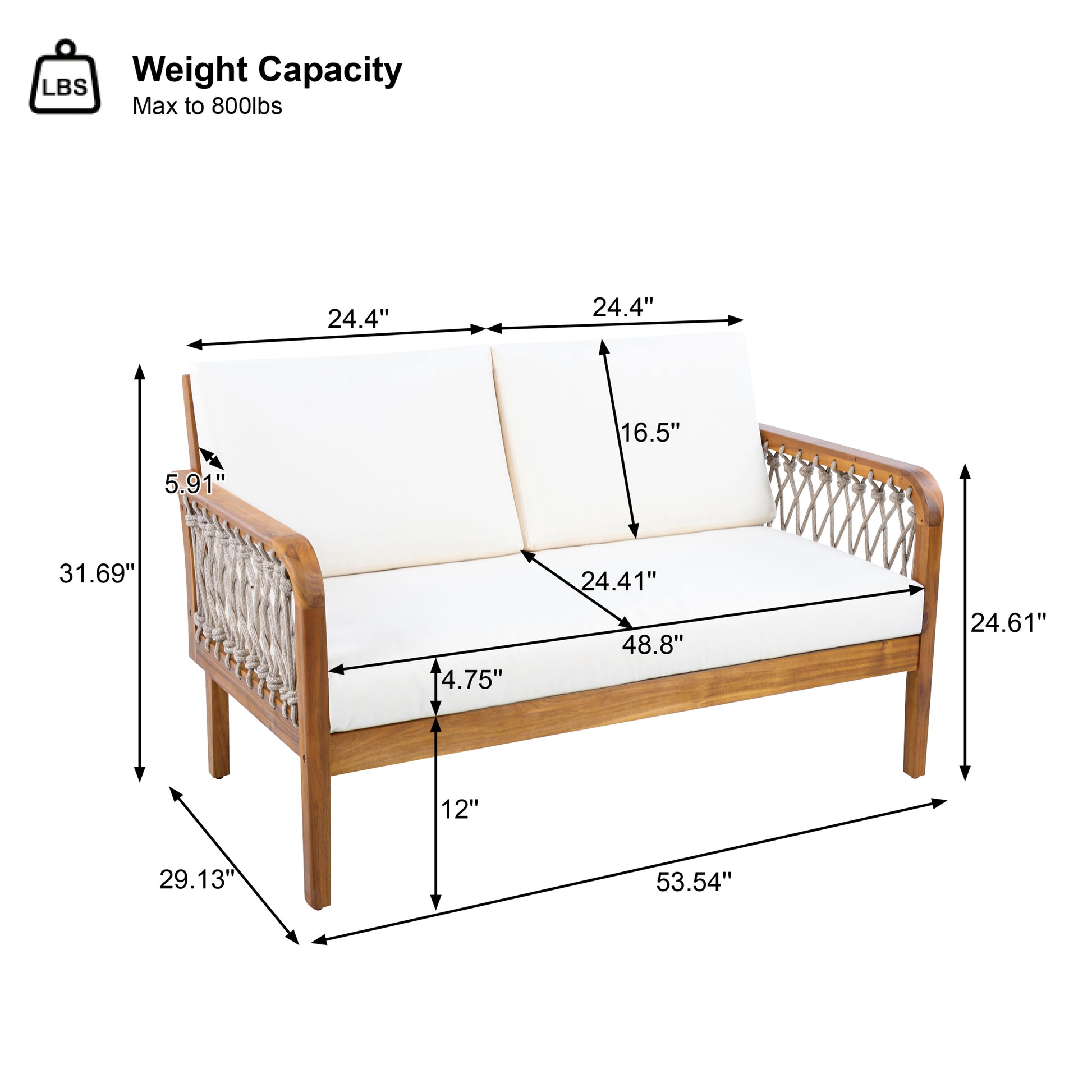 4-Piece Acacia Wood Outdoor Patio Furniture Set, All-Weather Conversation Sofa Set with Rope Woven Armrests, Removable Cushions for Backyard Garden,Teak finish+Oatmeal rope+Cream Beige cushion image 5