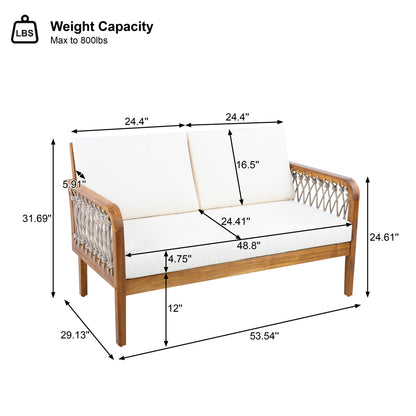 4-Piece Acacia Wood Outdoor Patio Furniture Set, All-Weather Conversation Sofa Set with Rope Woven Armrests, Removable Cushions for Backyard Garden,Teak finish+Oatmeal rope+Cream Beige cushion image 5