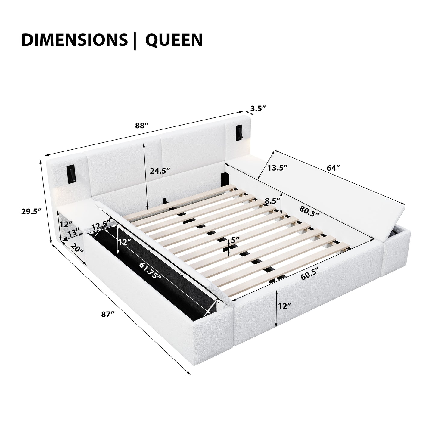 Queen Size Teddy Fleece Upholstered Platform Bed Frame with Massive Hidden Storage, Modern Bouclé Fabric Bed with Built-in Nightstands & LED Reading Lights, Wood Slats, No Box Spring Needed, White image 10