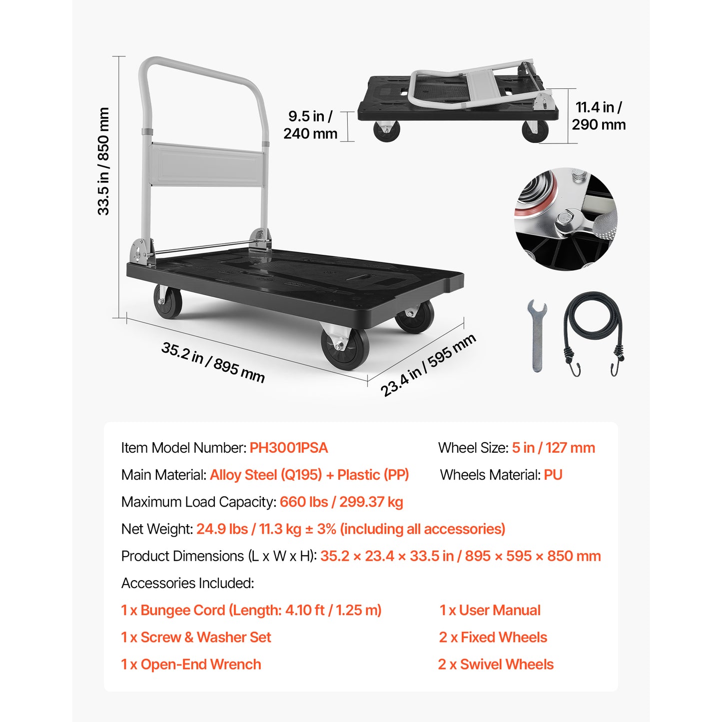 Foldable Push Cart Dolly, 660 lbs Capacity, Folding Platform Truck with Swivel Wheels, Moving Platform Hand Truck Flatbed Cart, Space Saving Push Handle, for Easy Storage, 35.2 x 23.4 x 33.5 in image 10