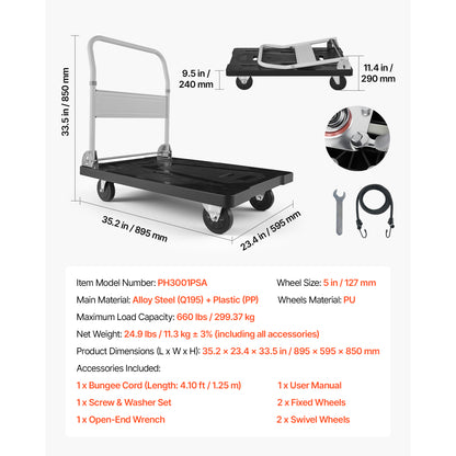 Foldable Push Cart Dolly, 660 lbs Capacity, Folding Platform Truck with Swivel Wheels, Moving Platform Hand Truck Flatbed Cart, Space Saving Push Handle, for Easy Storage, 35.2 x 23.4 x 33.5 in image 10