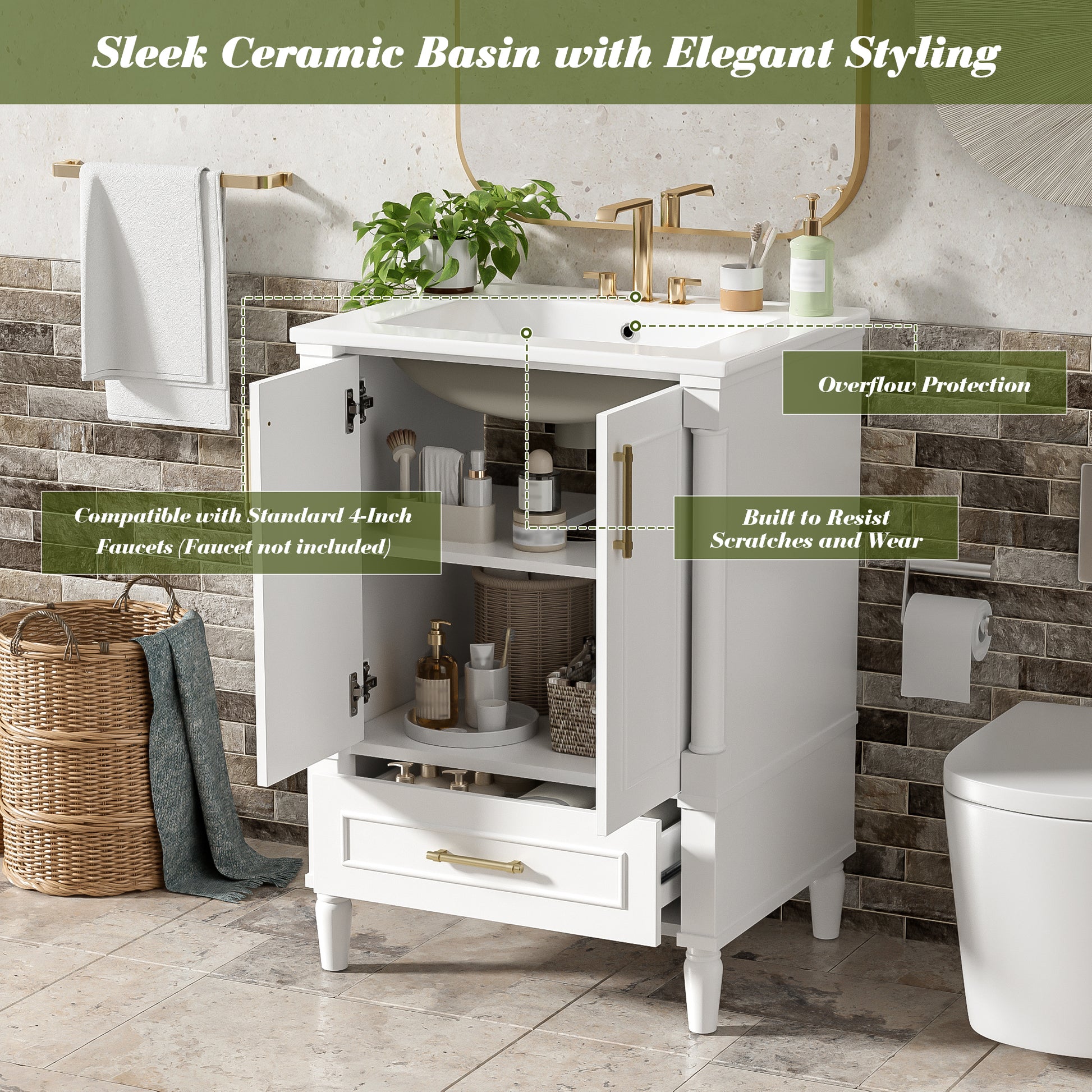 24" Modern Bathroom Vanity with Ornate Motif Design & Soft-Close Hinges, Bathroom Cabinet with Drawer and Back Open Structure, Ornately Carved French Cylinder Legs image 6