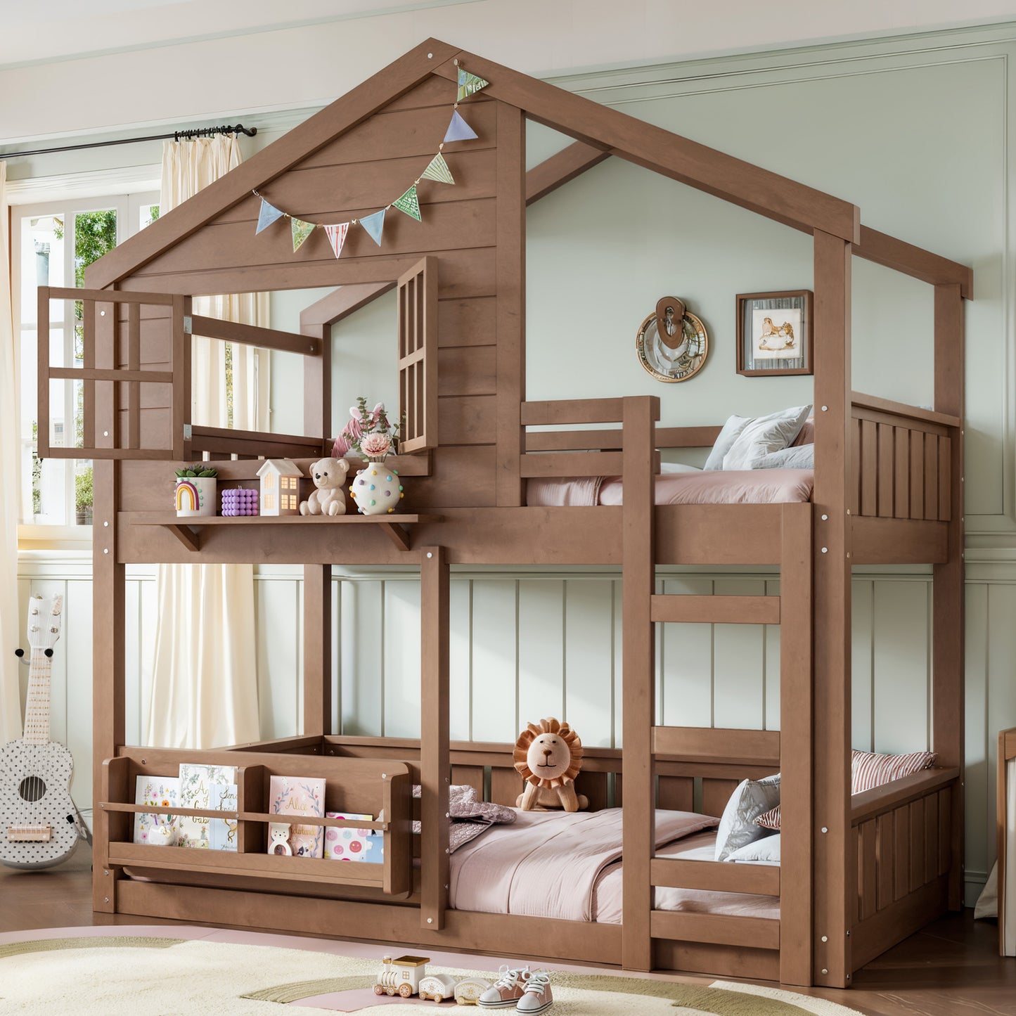Twin Size Bunk Bed/Loft Bed with Bookshelf, House Design, High-Quality Safety Fencing,Natural image 2