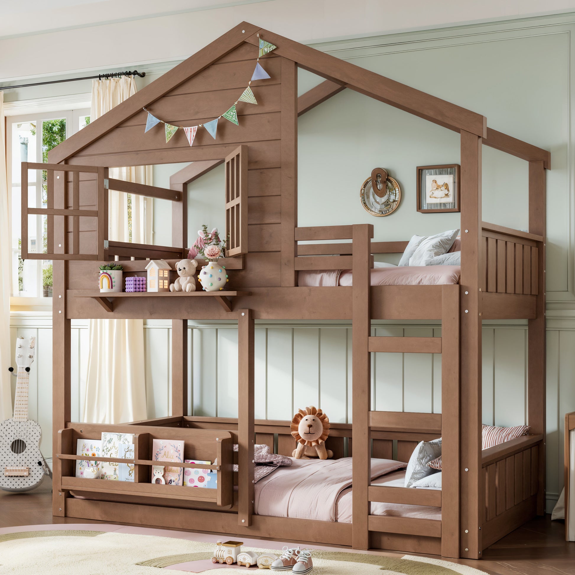 Twin Size Bunk Bed/Loft Bed with Bookshelf, House Design, High-Quality Safety Fencing,Natural image 2