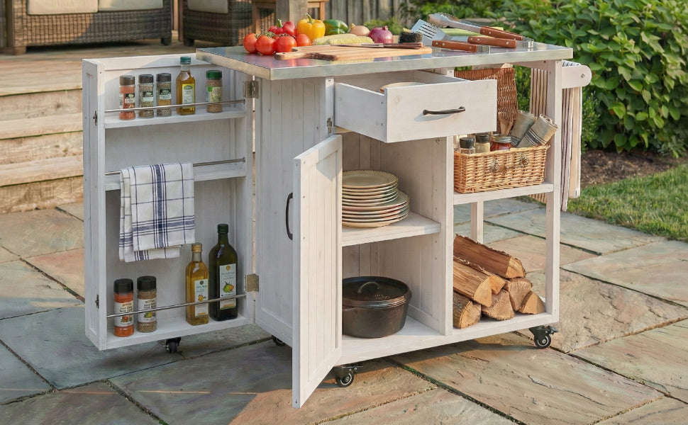 Outdoor Kitchen Island Fir Wood Prep Station Lockable Kitchen Cart with Stainless Top, Ample Storage Space, Towel and Spice Racks for Patio and Outdoor, White image 5