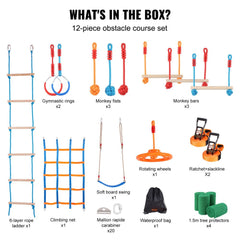 VEVOR Ninja Warrior Obstacle Course for Kids, 2 x 56 ft Weatherproof Slacklines, 500lbs Weight Capacity Monkey Line, Outdoor Playset Equipment, Backyard Toys Training Equipment Set with 12 Obstacles