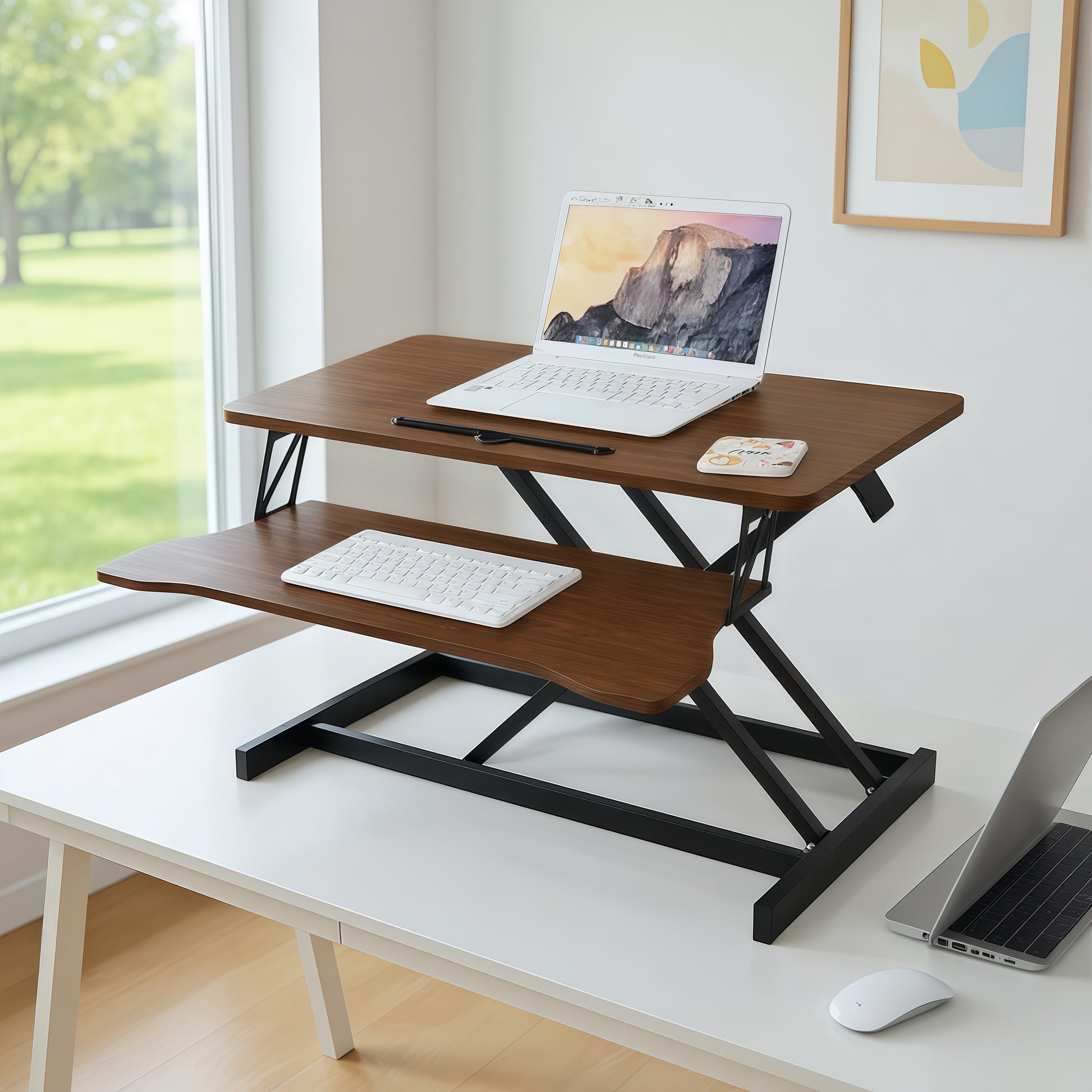 32 Inch Desk Converter, Height Adjustable Sit to Stand Riser, Dual Monitor and Laptop Workstation with Wide Keyboard Tray, Walnut Color image 7