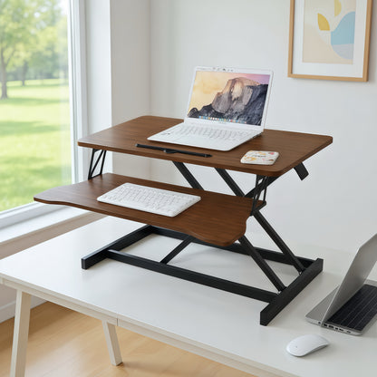 32 Inch Desk Converter, Height Adjustable Sit to Stand Riser, Dual Monitor and Laptop Workstation with Wide Keyboard Tray, Walnut Color image 7