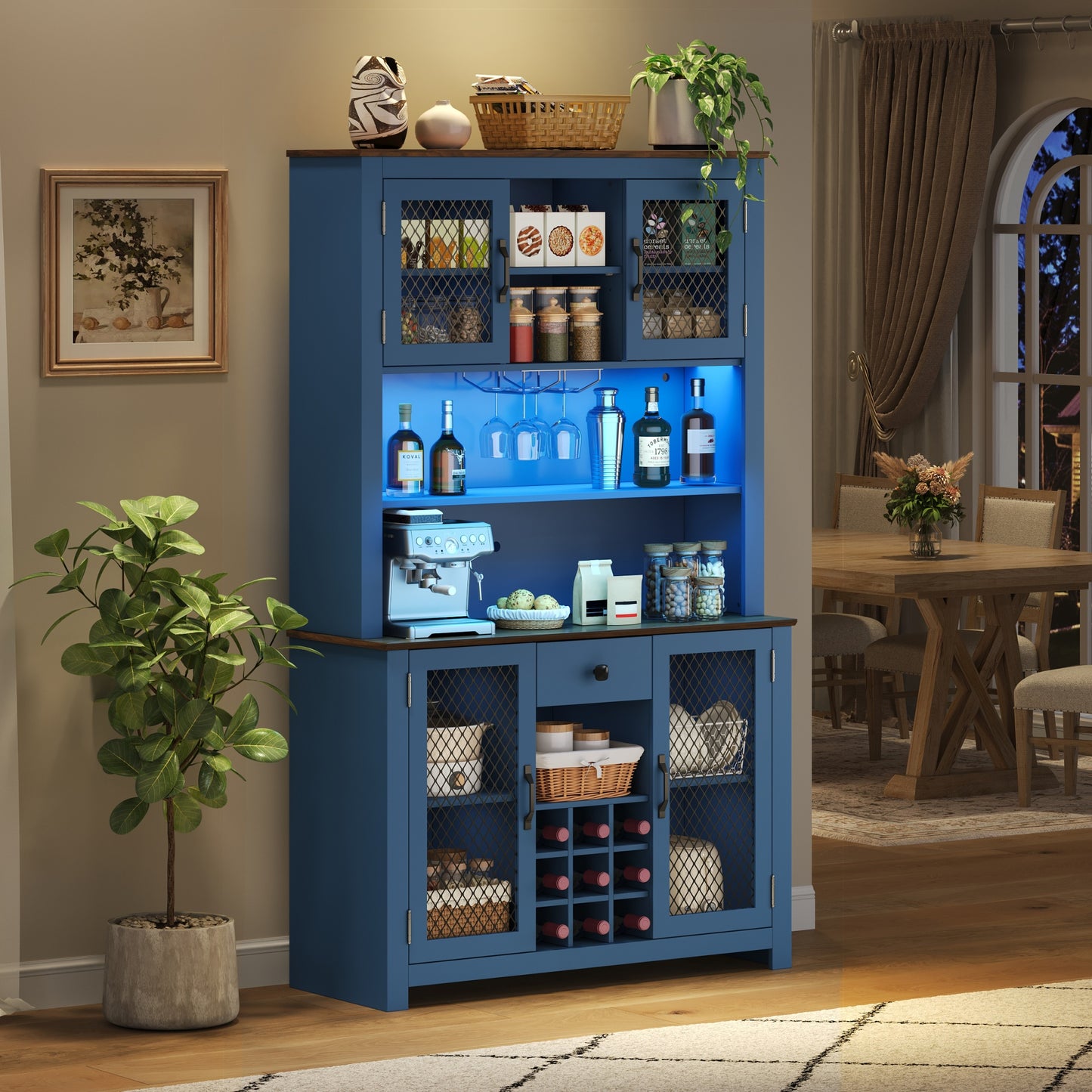 70.9" Kitchen Pantry Storage Cabinet Rustic Buffet Cabinet, Kitchen Hutch Cabinet with LED Outlets Food Pantry Cabinet with Doors and Shelves Wine Rack for Dining Room, Navy Blue image 3