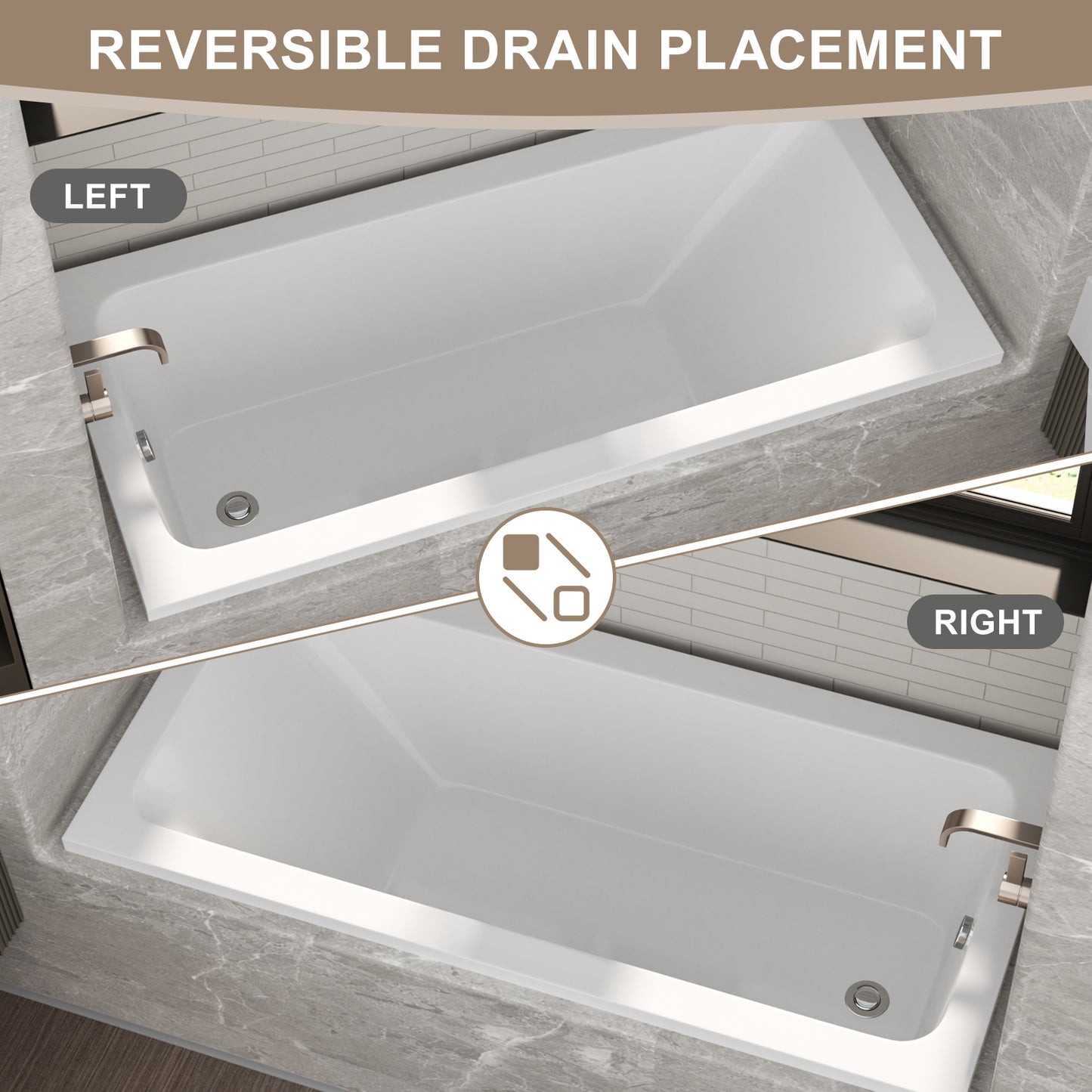 66-inch Acrylic Built-in Soaking Tub - Glossy White, Built-in Design, Chrome Hand-Twist Drain with Left/Right Installation Option image 5