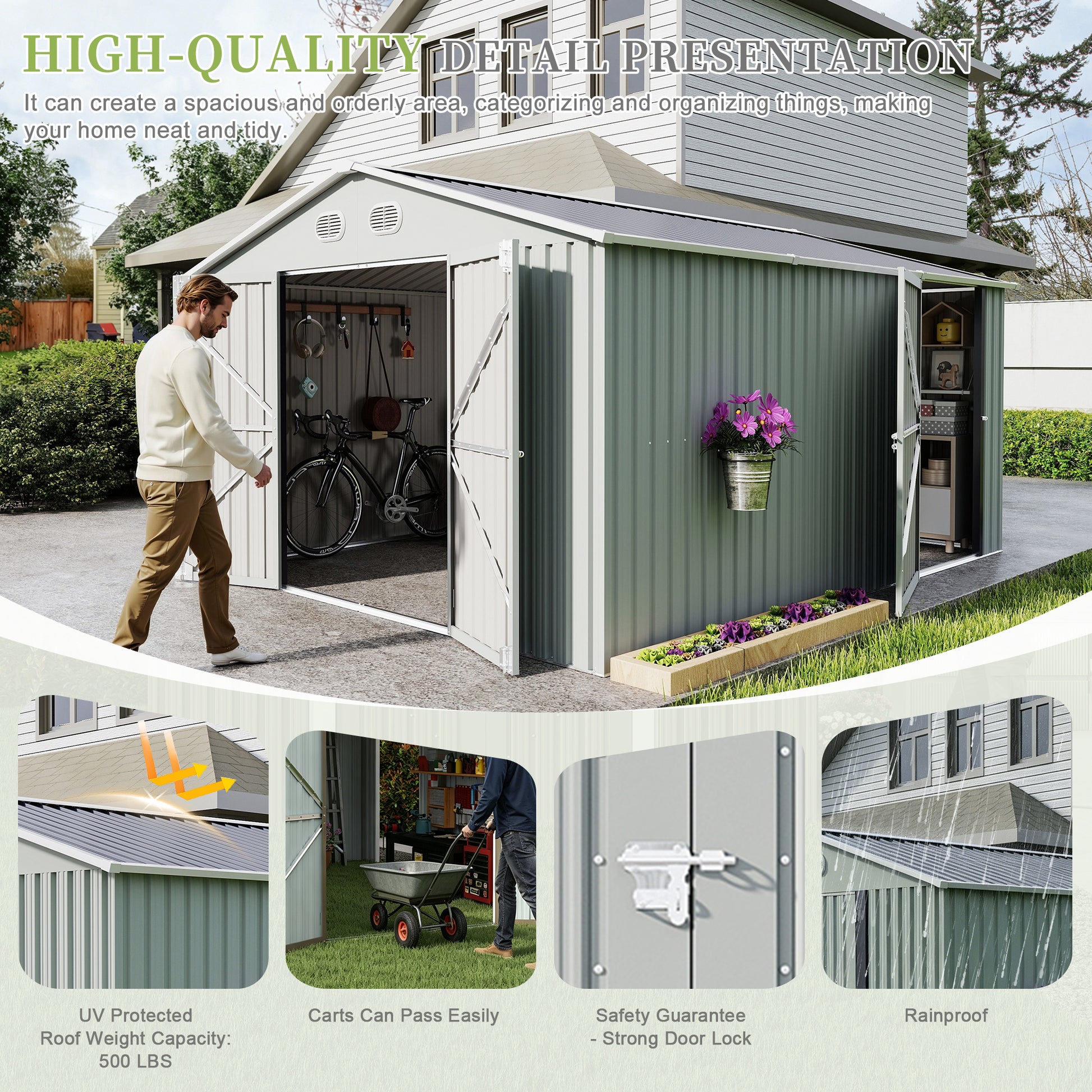 10x12 FT Outdoor Metal Storage Shed, Large Storage Sheds with Sturdy Frame Structure, Metal Garden Tool Shed with Lockable Door for Garden,Gift a foldable flower pot stand, Backyard, WHITE image 3
