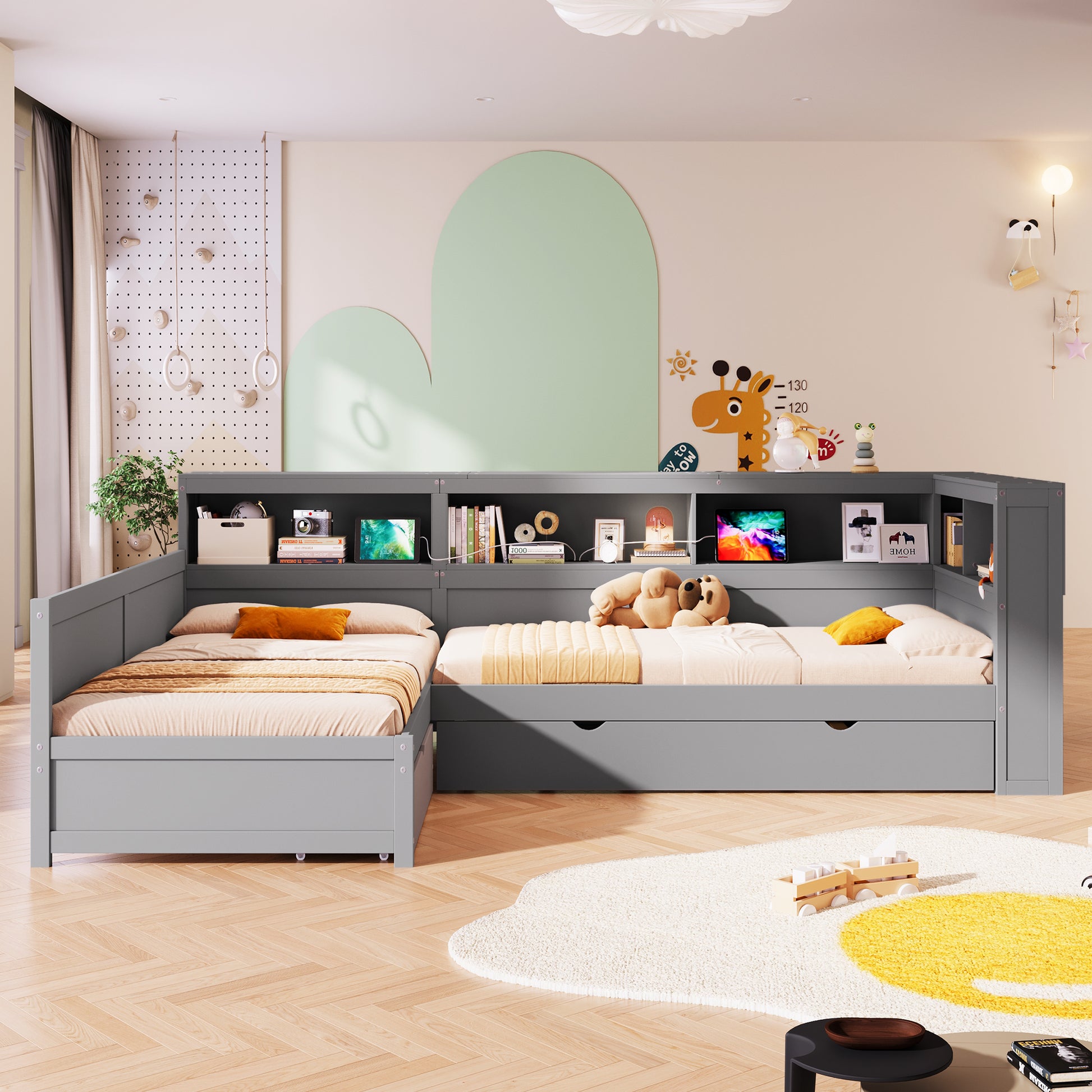 Wood Twin Size L-shaped Platform Bed with Trundle and a Drawer, Grey(Old SKU:N7090001045E) image 3