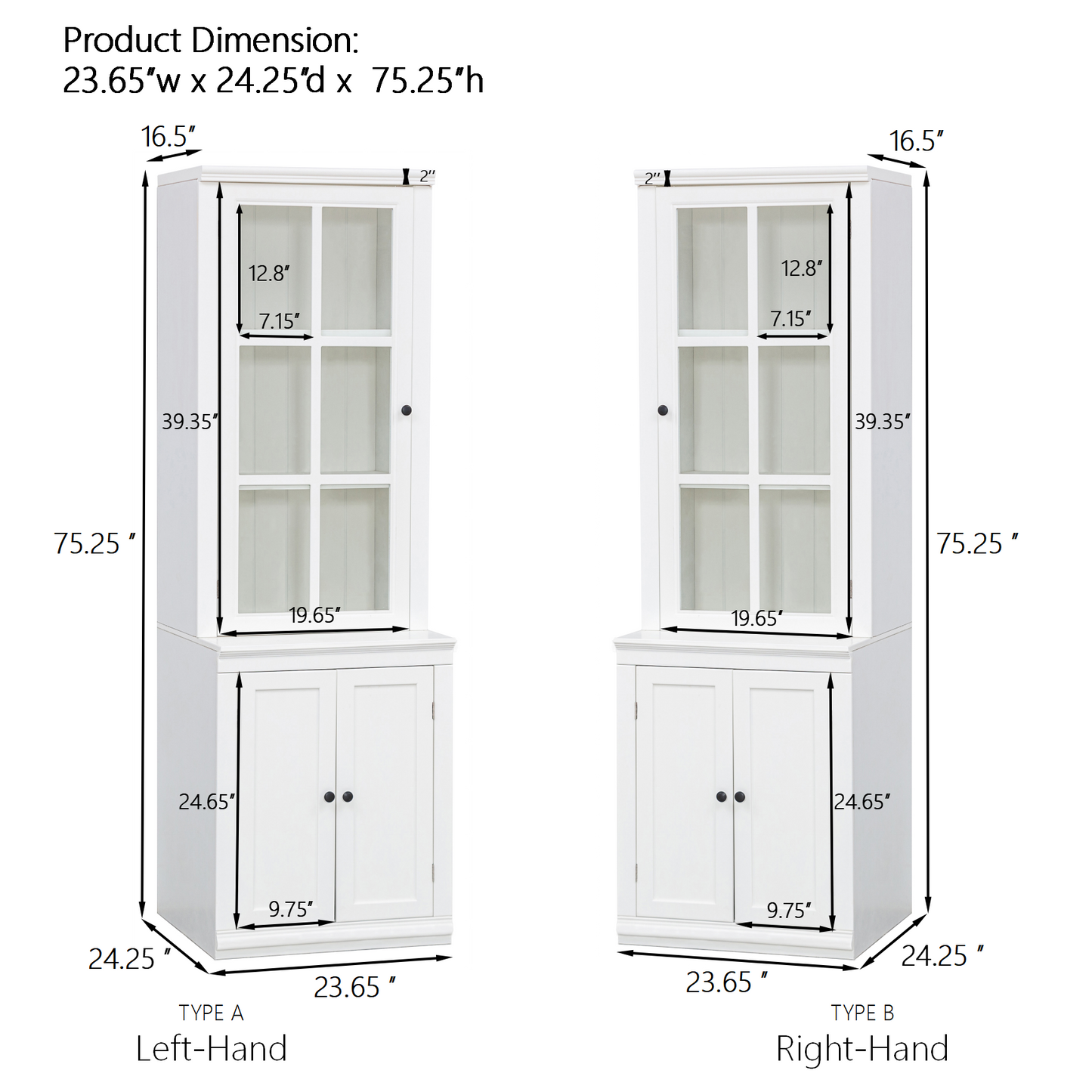 75.25'' Tall Freestanding Pantry Cabinet with Glass Door & Lattice Window, Farmhouse Display Cabinets with Storage, Hutch with Double-Action LH&RH Door, for Hallways, Livingroom Kitchen & Office,White image 2