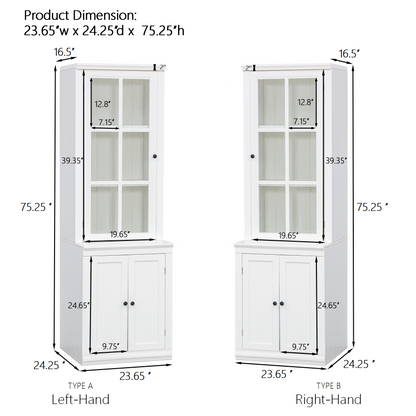 75.25'' Tall Freestanding Pantry Cabinet with Glass Door & Lattice Window, Farmhouse Display Cabinets with Storage, Hutch with Double-Action LH&RH Door, for Hallways, Livingroom Kitchen & Office,White image 2