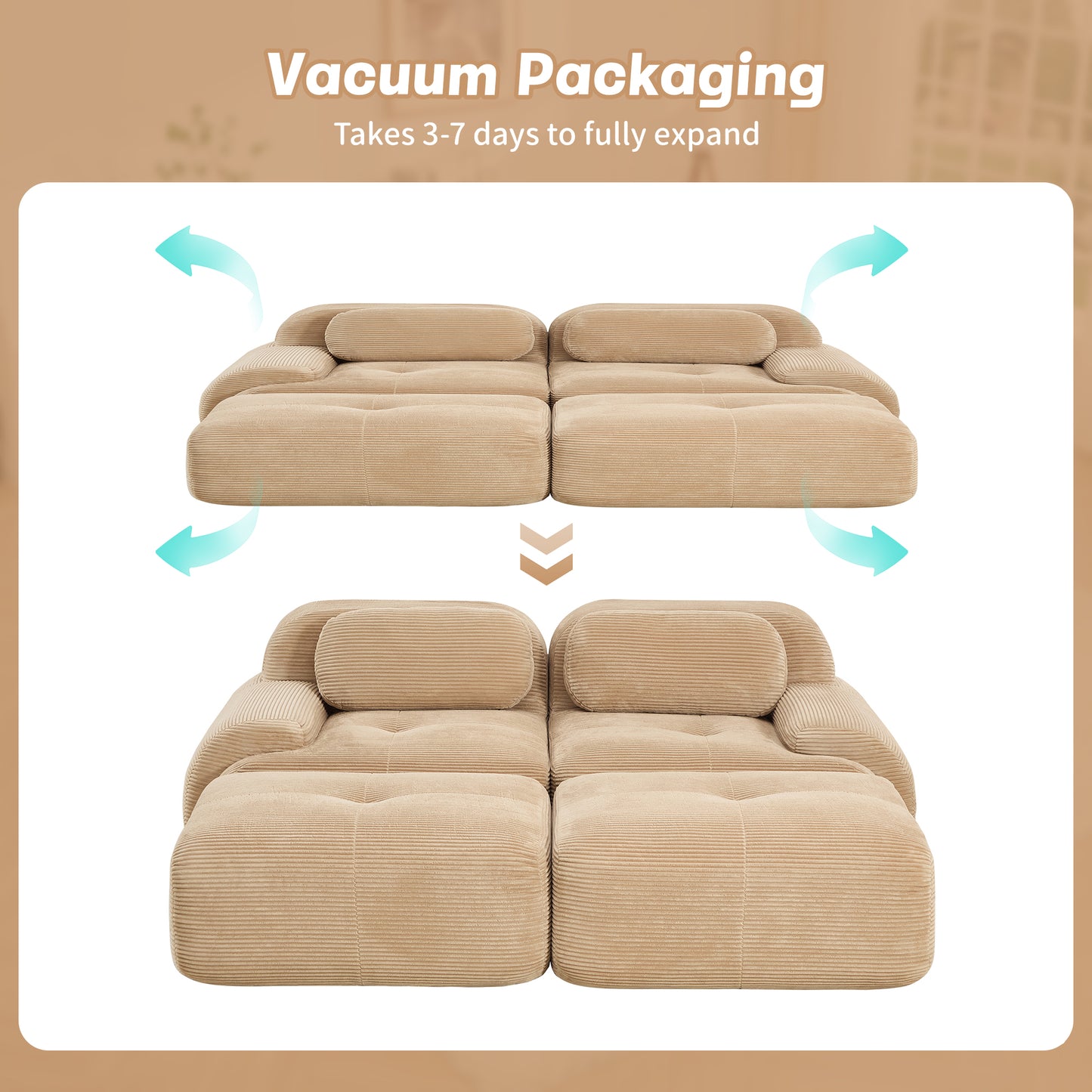 2-seat sofa in luxuryCorduroy Fabric fabric modular multi-combination anti-slip design assembly chaise lounge curved armrests ergonomic support high-resilience sponge for living rooms bedrooms,Camel image 12