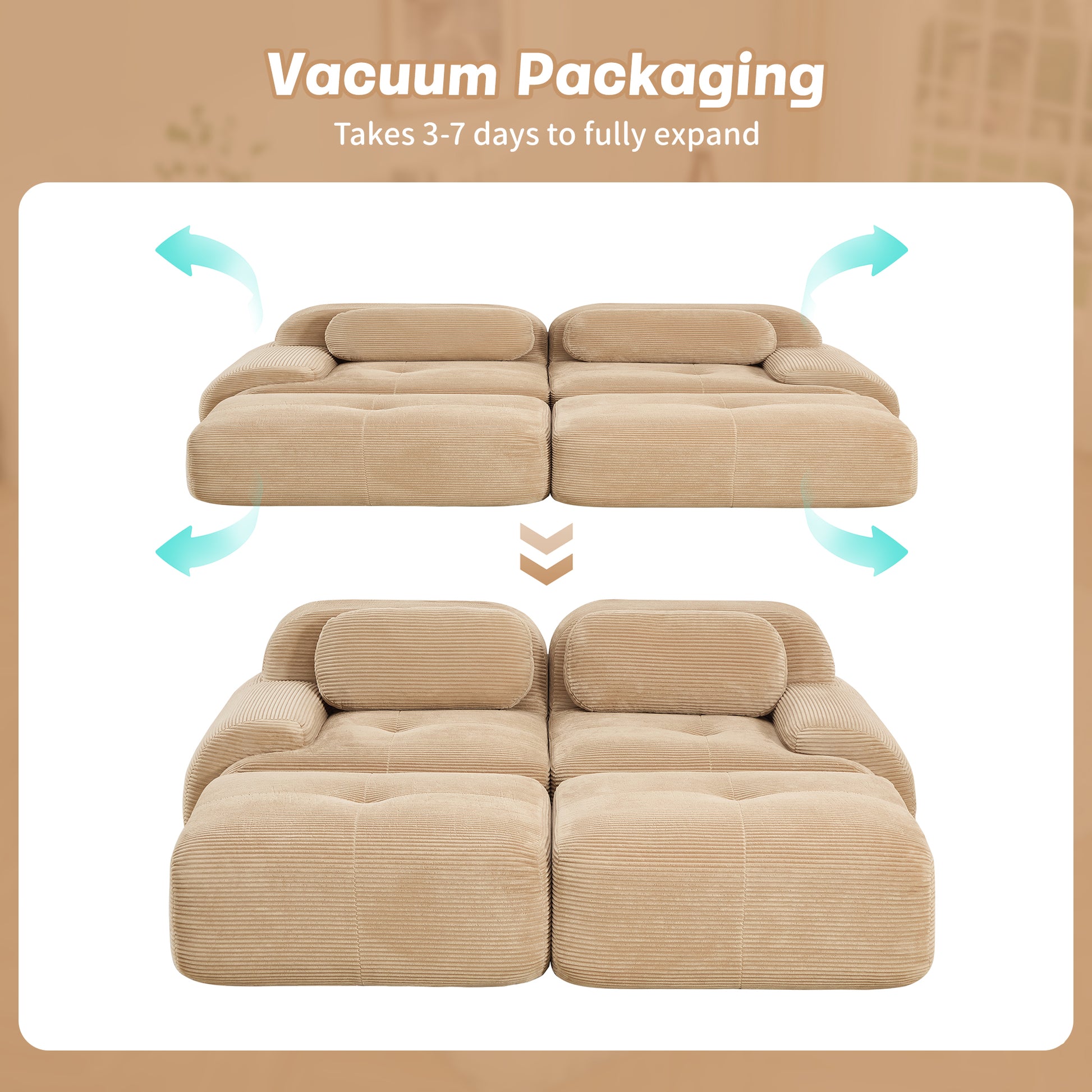 2-seat sofa in luxuryCorduroy Fabric fabric modular multi-combination anti-slip design assembly chaise lounge curved armrests ergonomic support high-resilience sponge for living rooms bedrooms,Camel image 12
