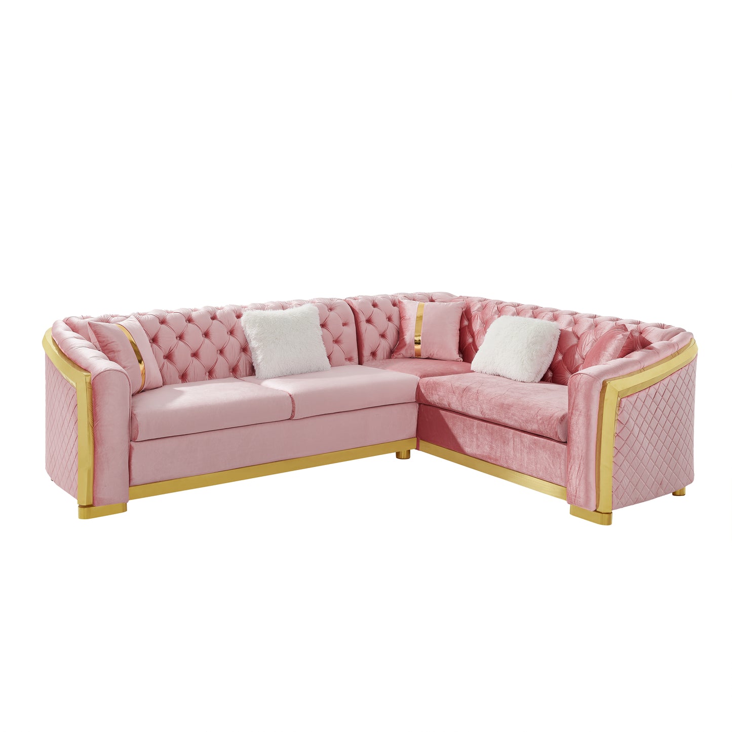 106 Inches L-Shaped Chesterfield Sectional Sofa Set with Gold Stainless Steel Accents, Velvet Button Tufted Sofa with 5 Pillows Luxury Couch for Living Room, Pink image 3