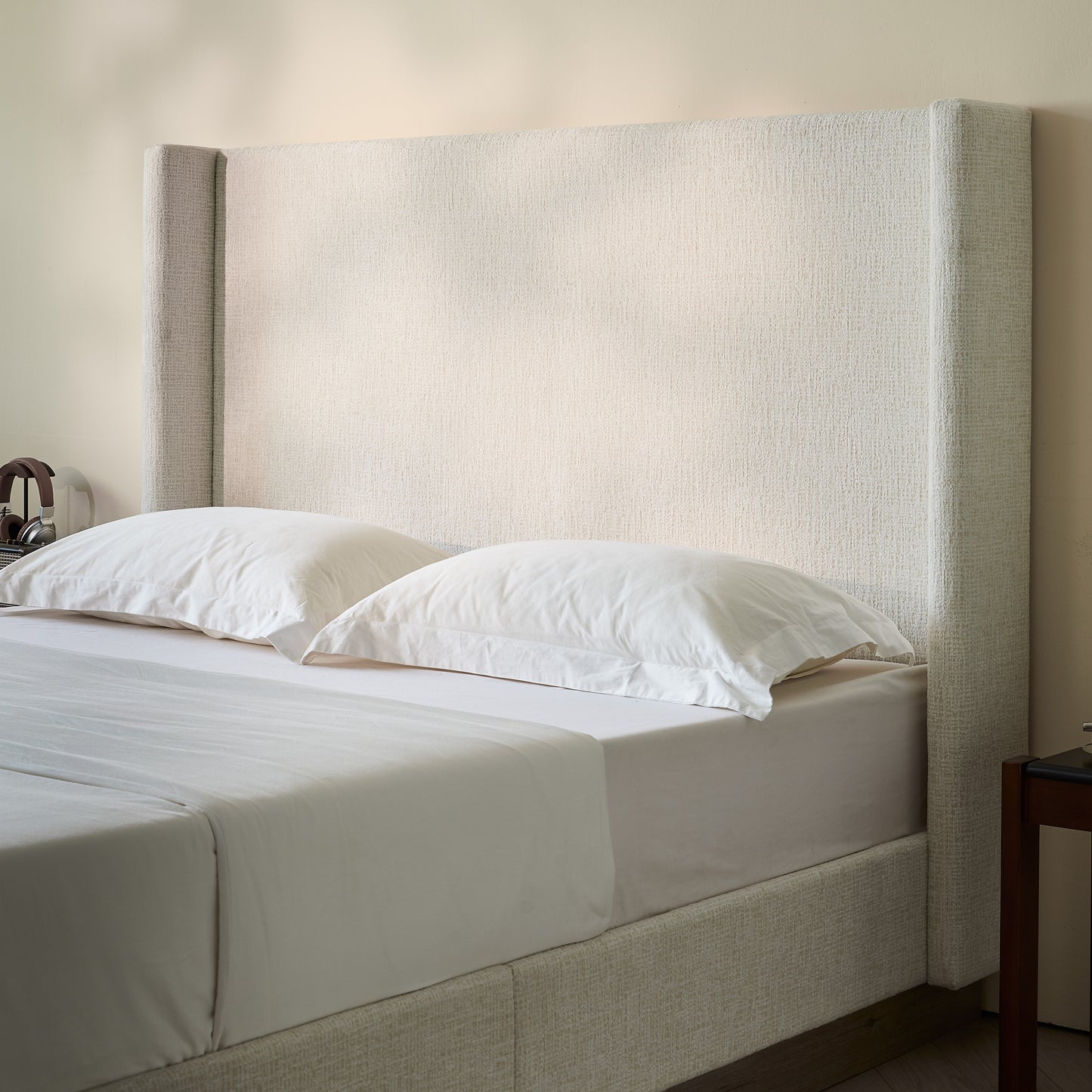 Hosford Upholstered Wingback Bed / Upholstered Wood Base Platform Bed / 52.5" High Headboard / Minimalist / Rusticity / No Box Spring Needed / King / Oat Boucle / No Noise image 3