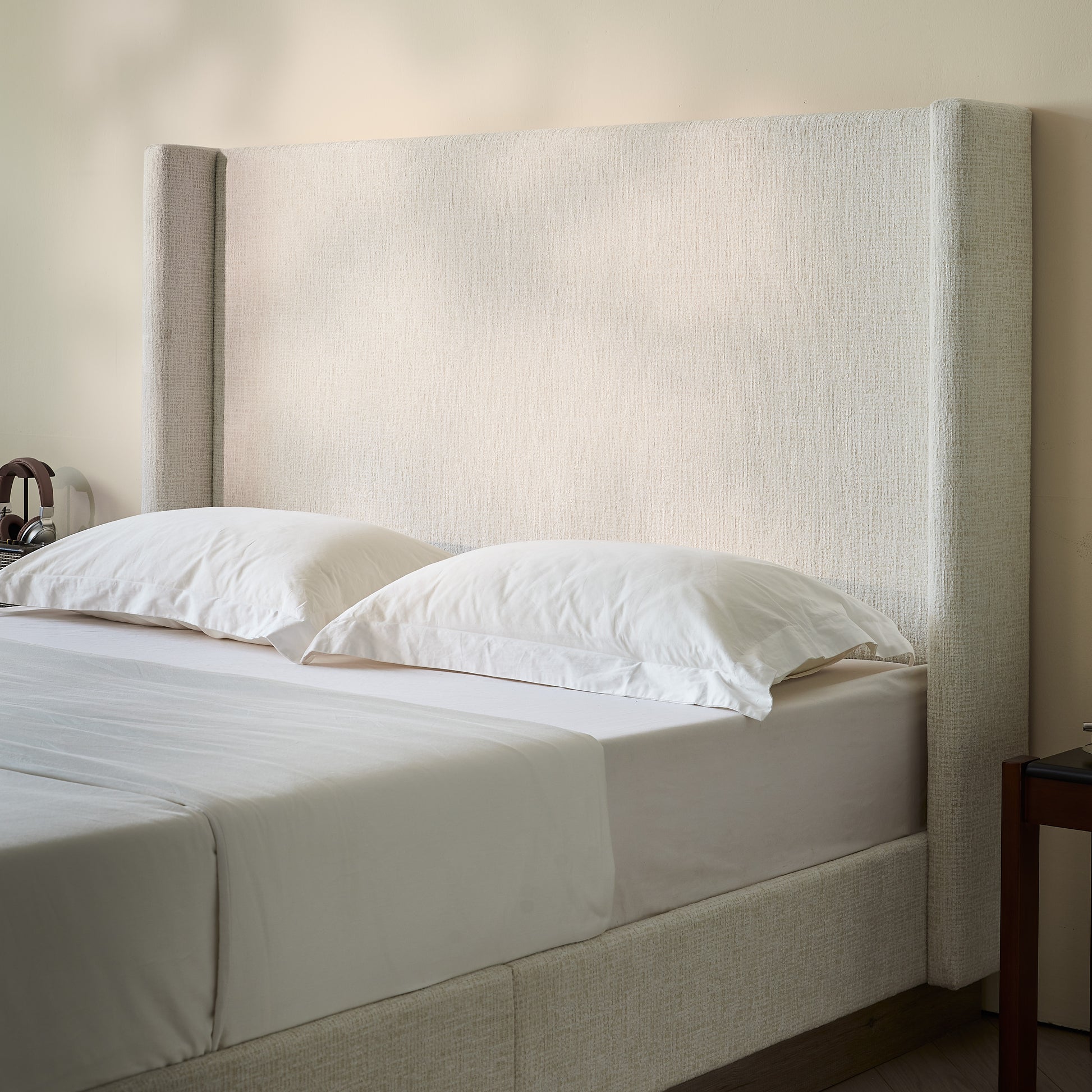 Hosford Upholstered Wingback Bed / Upholstered Wood Base Platform Bed / 52.5" High Headboard / Minimalist / Rusticity / No Box Spring Needed / King / Oat Boucle / No Noise image 3