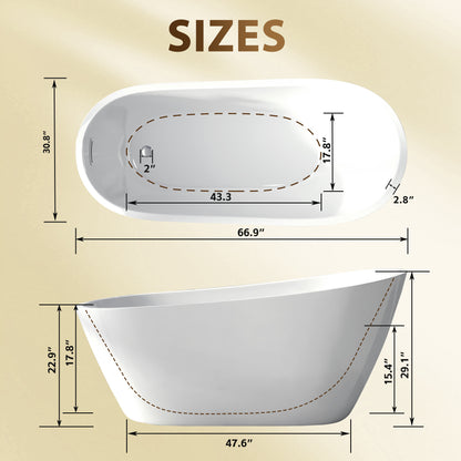 67"Special-shaped Freestanding Slipper Bathtub: Gloss White Finish, Chrome Overflow & Pop-Up Drain, cUPC Certified image 3