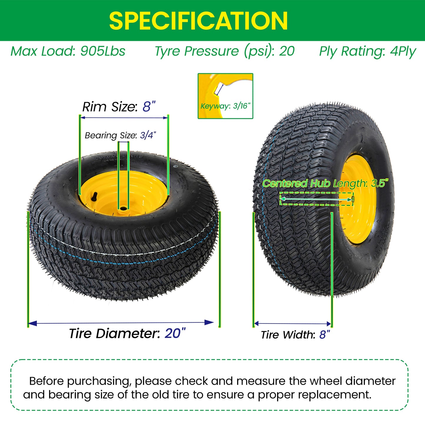 Set of 2 20x8.00-8 Lawn Mower Tires and Wheel Assembly, 4-Ply Tubeless Turf Tread Heavy Duty, 3.5" Centered Hub with 3/4" Bore and 3/16" Keyway, Yellow Steel Rim for Zero-Turn Mowers, 905 lbs Capacity image 6