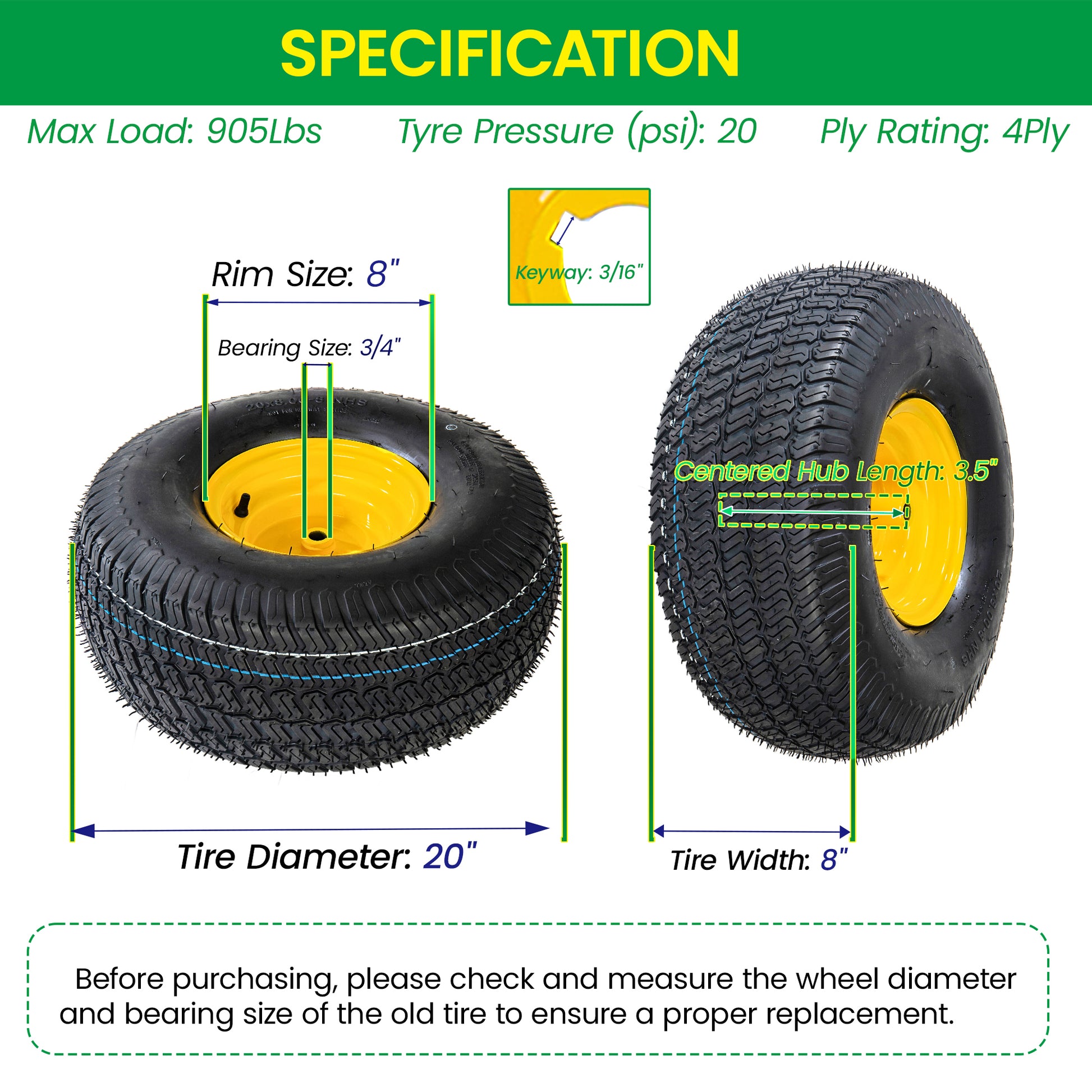 Set of 2 20x8.00-8 Lawn Mower Tires and Wheel Assembly, 4-Ply Tubeless Turf Tread Heavy Duty, 3.5" Centered Hub with 3/4" Bore and 3/16" Keyway, Yellow Steel Rim for Zero-Turn Mowers, 905 lbs Capacity image 6