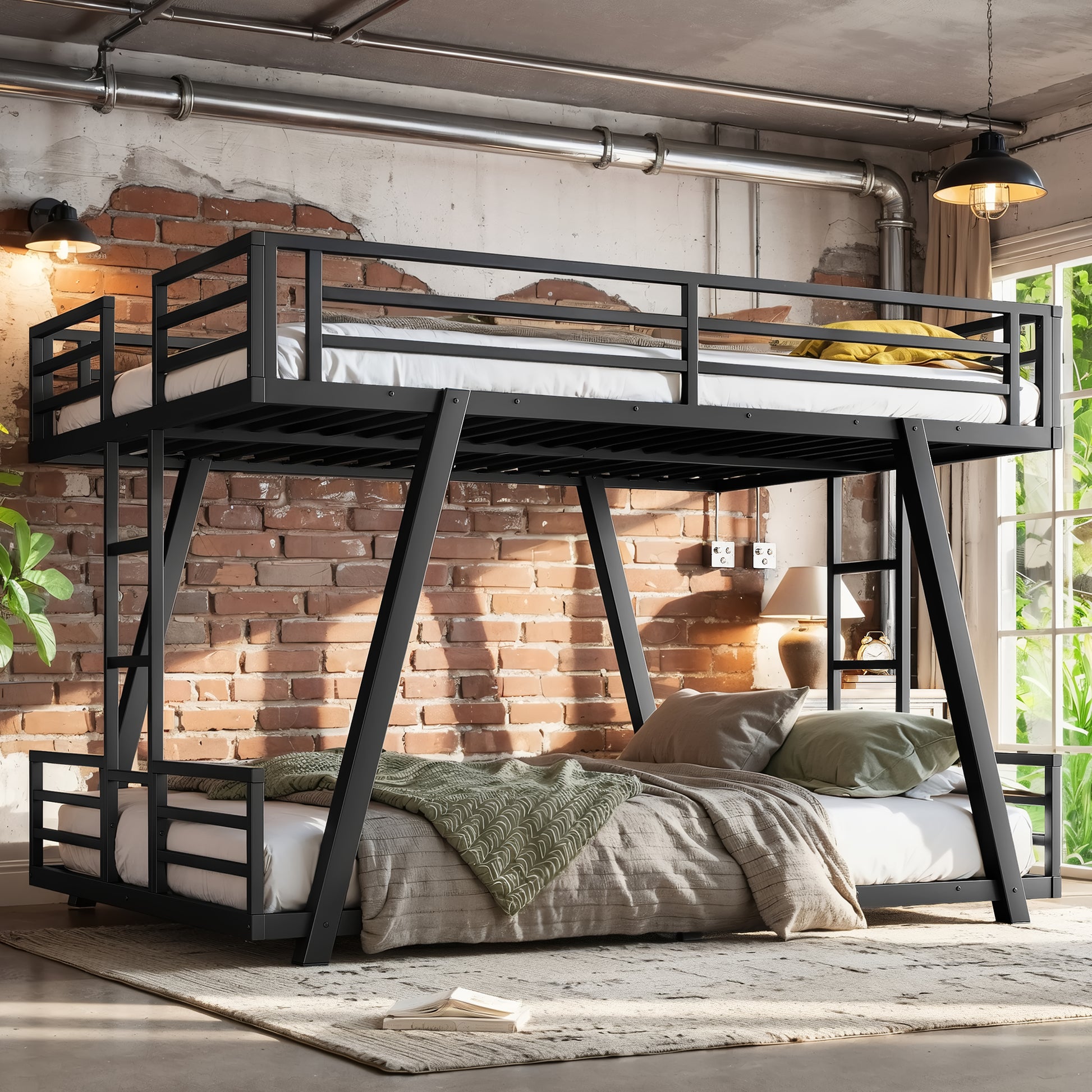 Queen over Queen Bunk Bed with 2 Side Ladders, Metal Bunk Bed with Spdcial Support Leg Design, Low Profile Bunk Bed, Black image 1