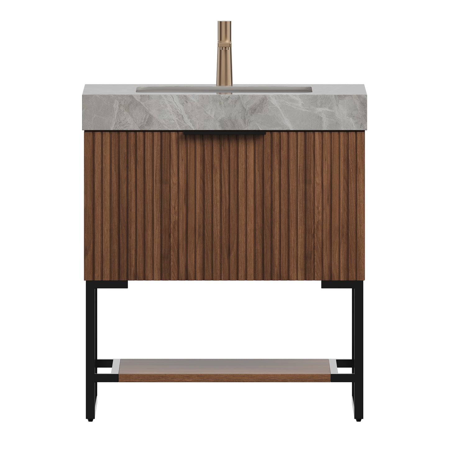YOLAN 30" Bathroom Vanity&Sink, Freestanding Striped Plywood Storage Cabinet with Drawer&Open Shelf, Light Gray Sintered Stone Top&Undermount Ceramic Basin, Pre-assembled, Dark Walnut Woodgrain Color image 3