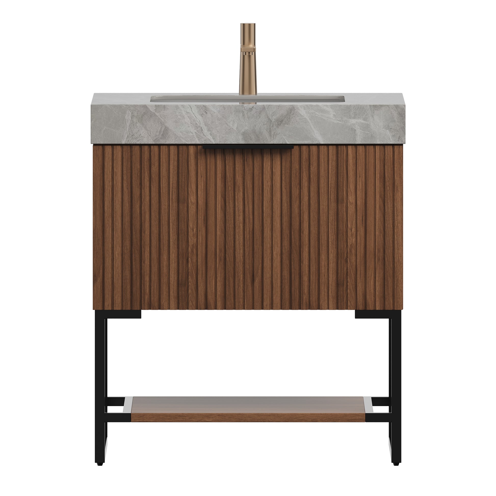 YOLAN 30" Bathroom Vanity&Sink, Freestanding Striped Plywood Storage Cabinet with Drawer&Open Shelf, Light Gray Sintered Stone Top&Undermount Ceramic Basin, Pre-assembled, Dark Walnut Woodgrain Color image 3