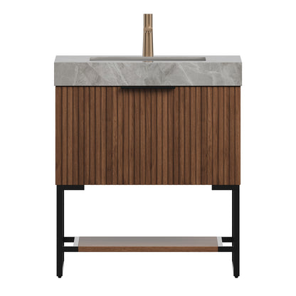 YOLAN 30" Bathroom Vanity&Sink, Freestanding Striped Plywood Storage Cabinet with Drawer&Open Shelf, Light Gray Sintered Stone Top&Undermount Ceramic Basin, Pre-assembled, Dark Walnut Woodgrain Color image 3