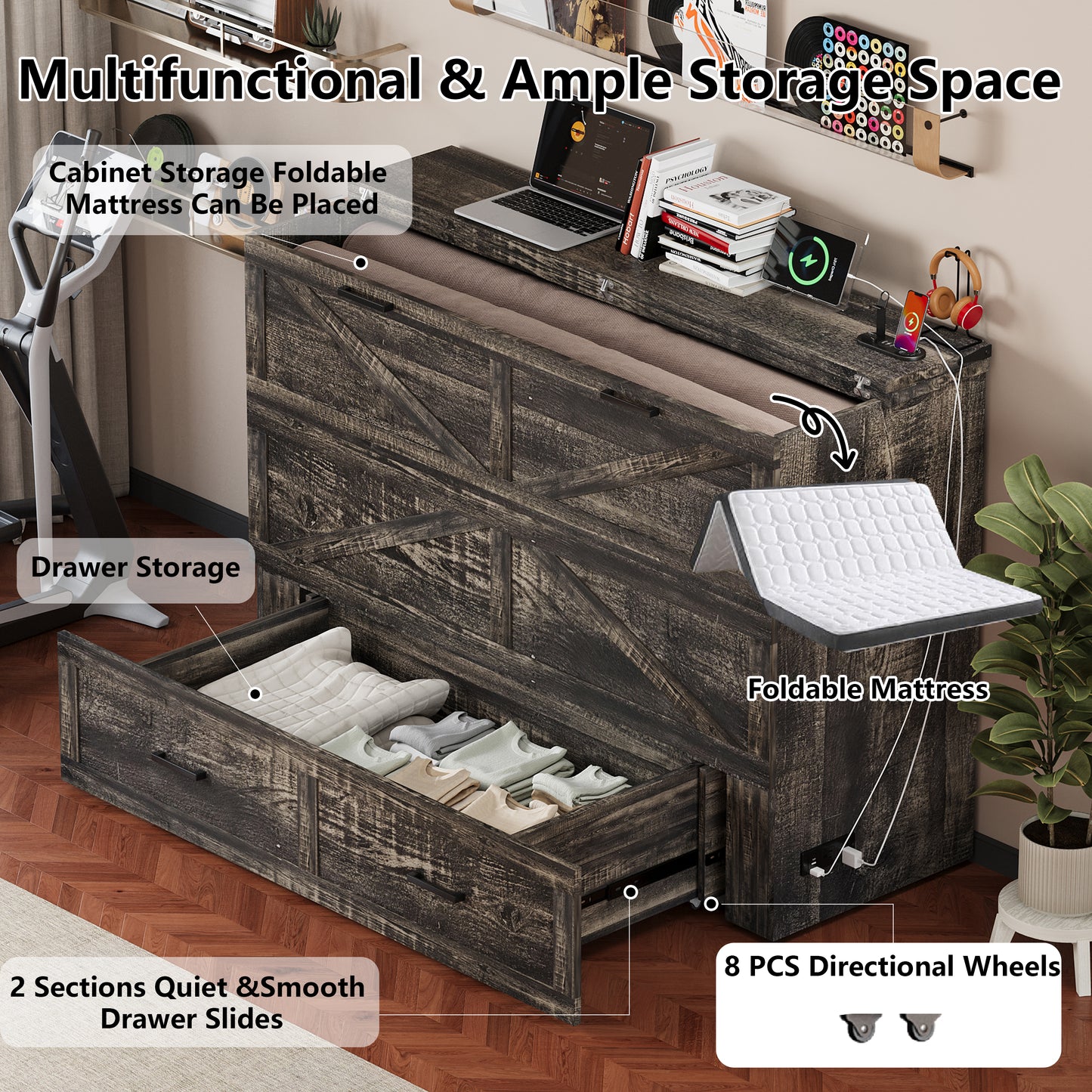 Queen Murphy Bed with Charging Station,Farmhouse Murphy Cabinet Bed with Large Storage Drawer,Hideaway Foldable Platform Bed for Guest Bedroom, Living Room, Office,Small Room,Pull out Bed,Rustic Grey image 7