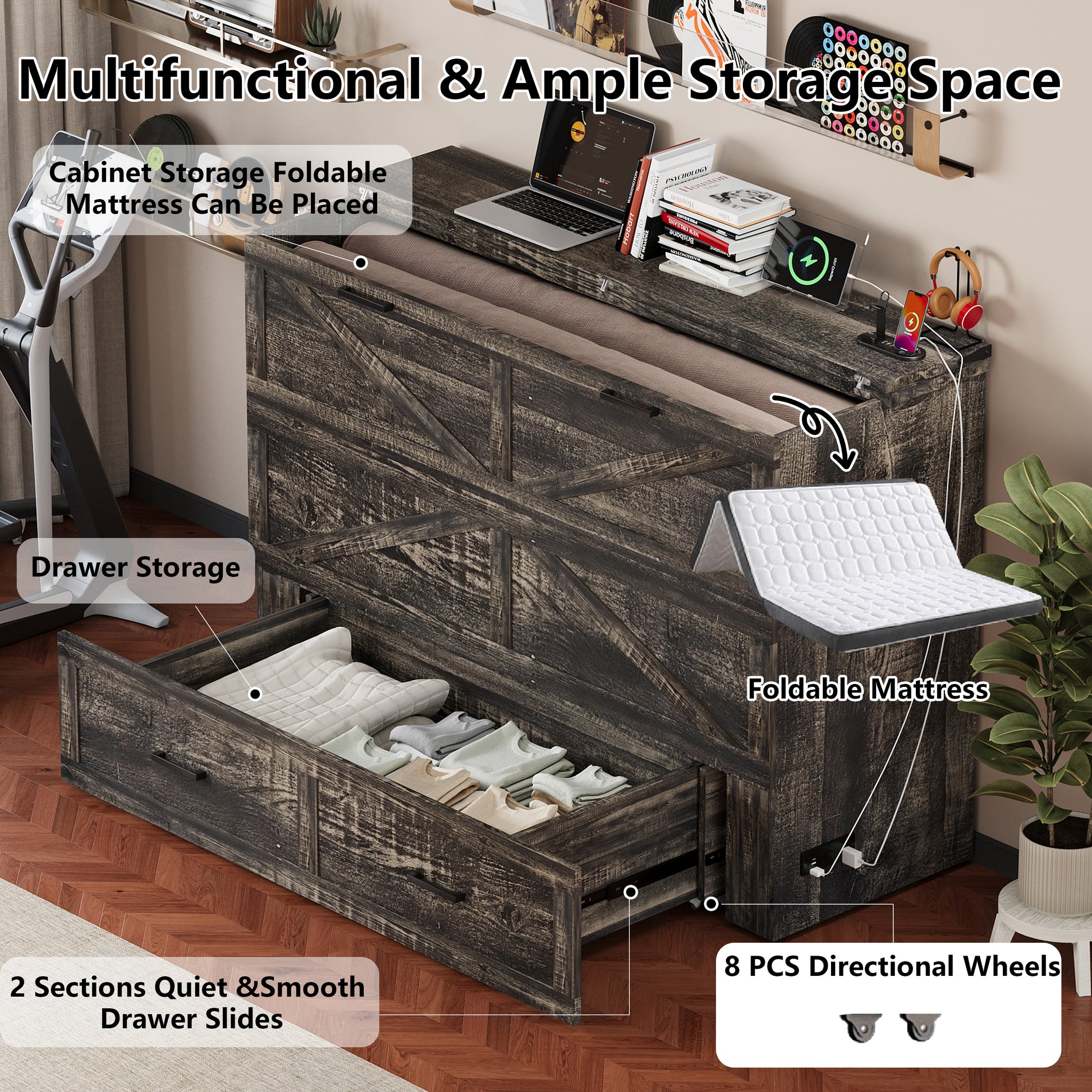 Queen Murphy Bed with Charging Station,Farmhouse Murphy Cabinet Bed with Large Storage Drawer,Hideaway Foldable Platform Bed for Guest Bedroom, Living Room, Office,Small Room,Pull out Bed,Rustic Grey image 7