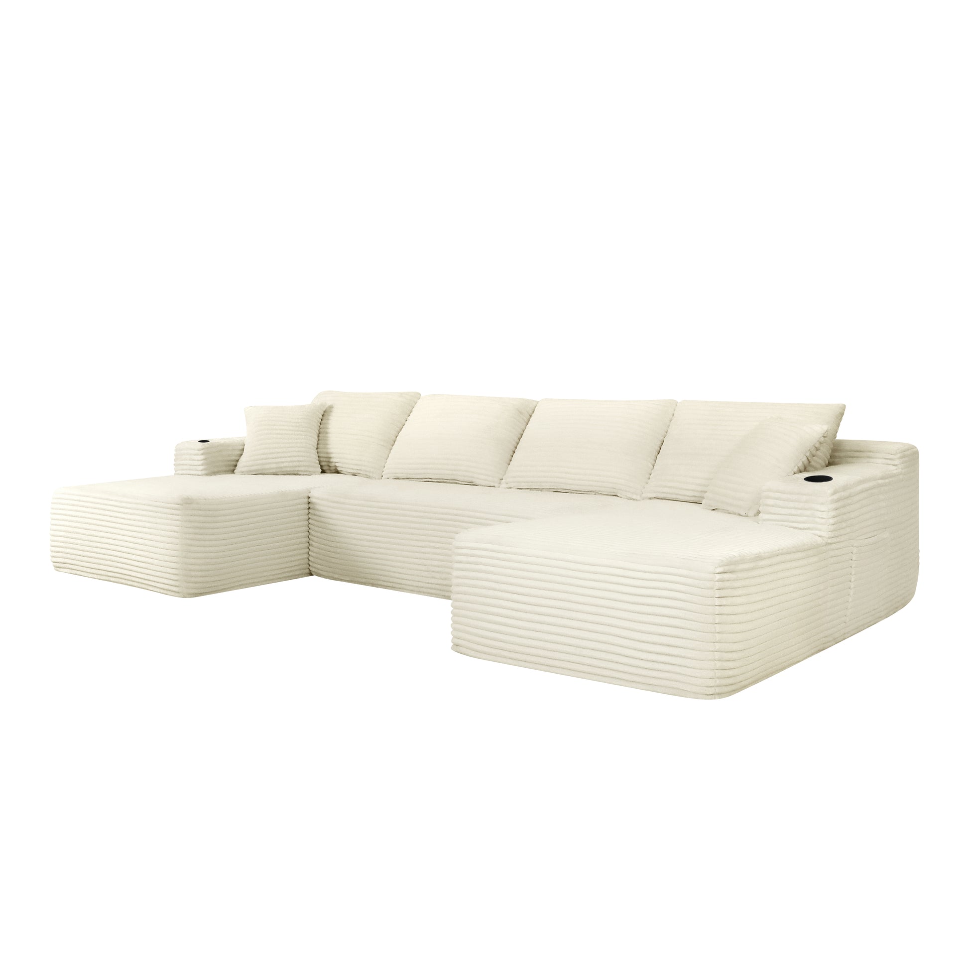 134" Cloud Sectional Sofa with U-Shape Chaise and Side Pockets and Cup holder, Modern Modular Design, Deep Seating, Upholstered Couch for Living Room/Bedroom, No Assembly Required (Plush)Beige image 5