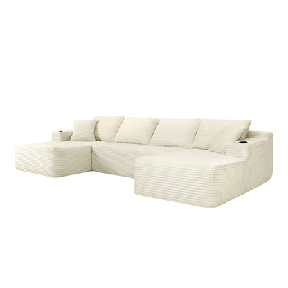 134" Cloud Sectional Sofa with U-Shape Chaise and Side Pockets and Cup holder, Modern Modular Design, Deep Seating, Upholstered Couch for Living Room/Bedroom, No Assembly Required (Plush)Beige image 5