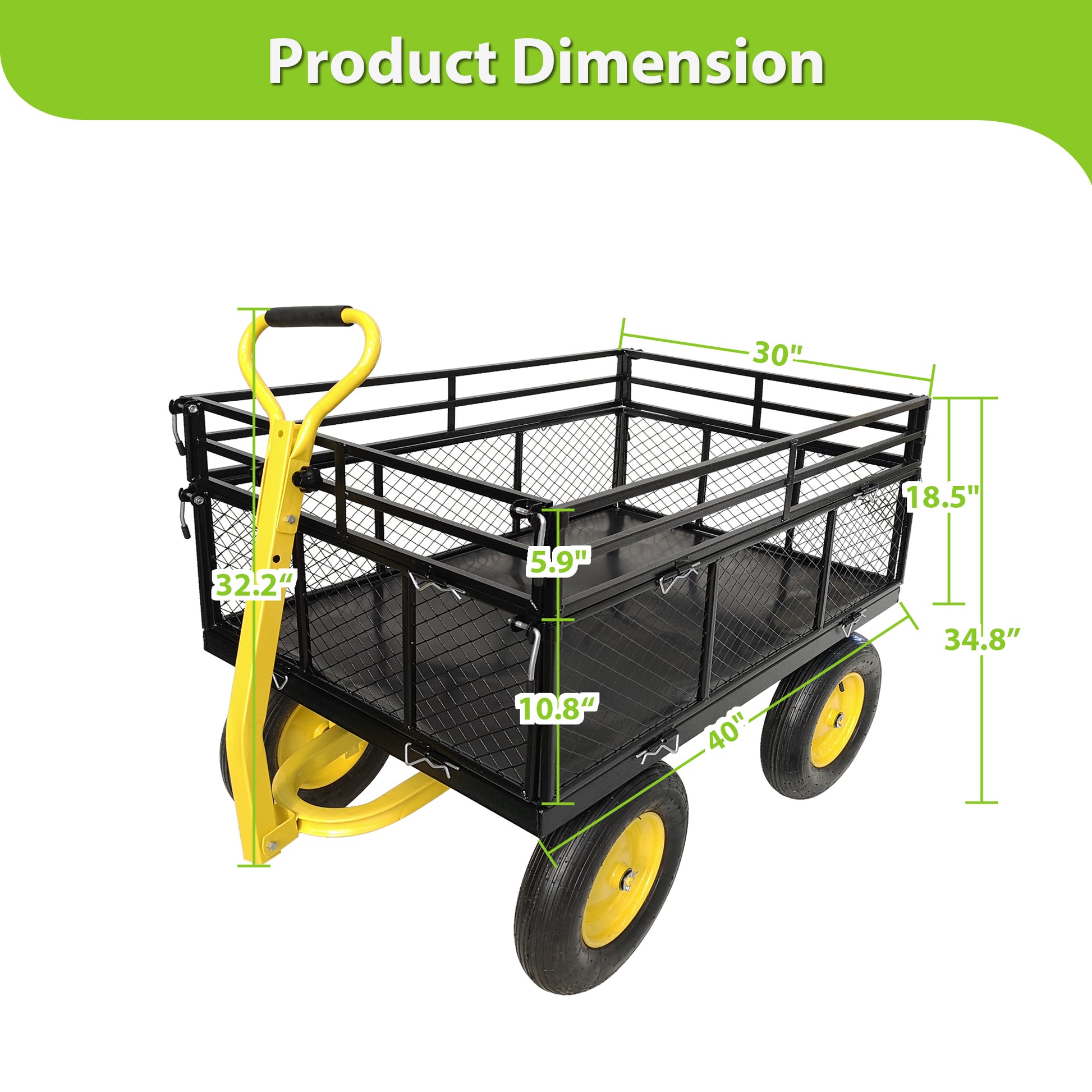 Steel Garden Cart, Heavy Duty 1400 lbs Capacity, with Removable Mesh Sides to Convert into Flatbed, Utility Metal Wagon with 2-in-1 Handle and 16 in Tires, Perfect for Garden, Farm, Yard image 3