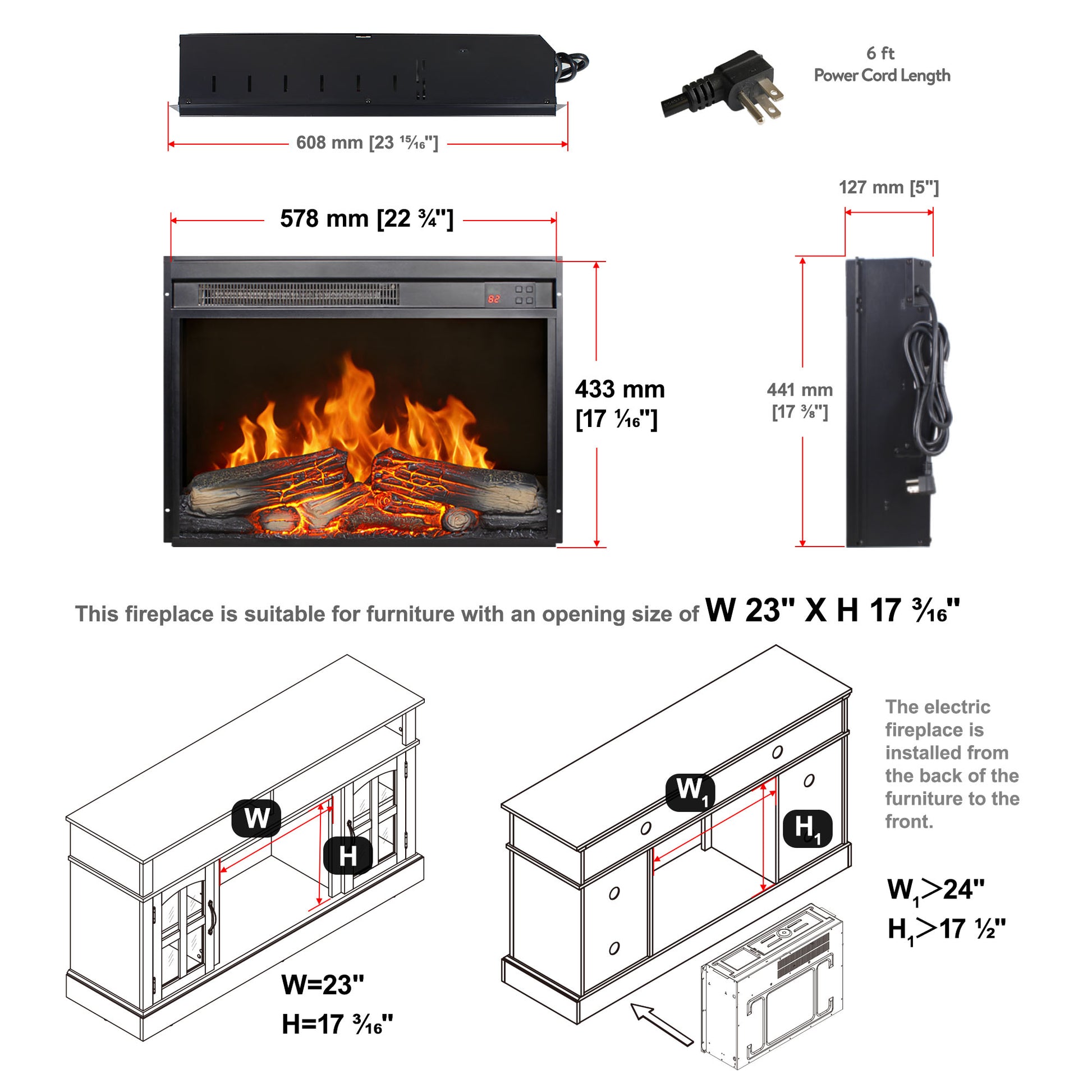 23 inch electric fireplace insert, ultra thin heater with log set & realistic flame, remote control with timer, overheating protection image 8