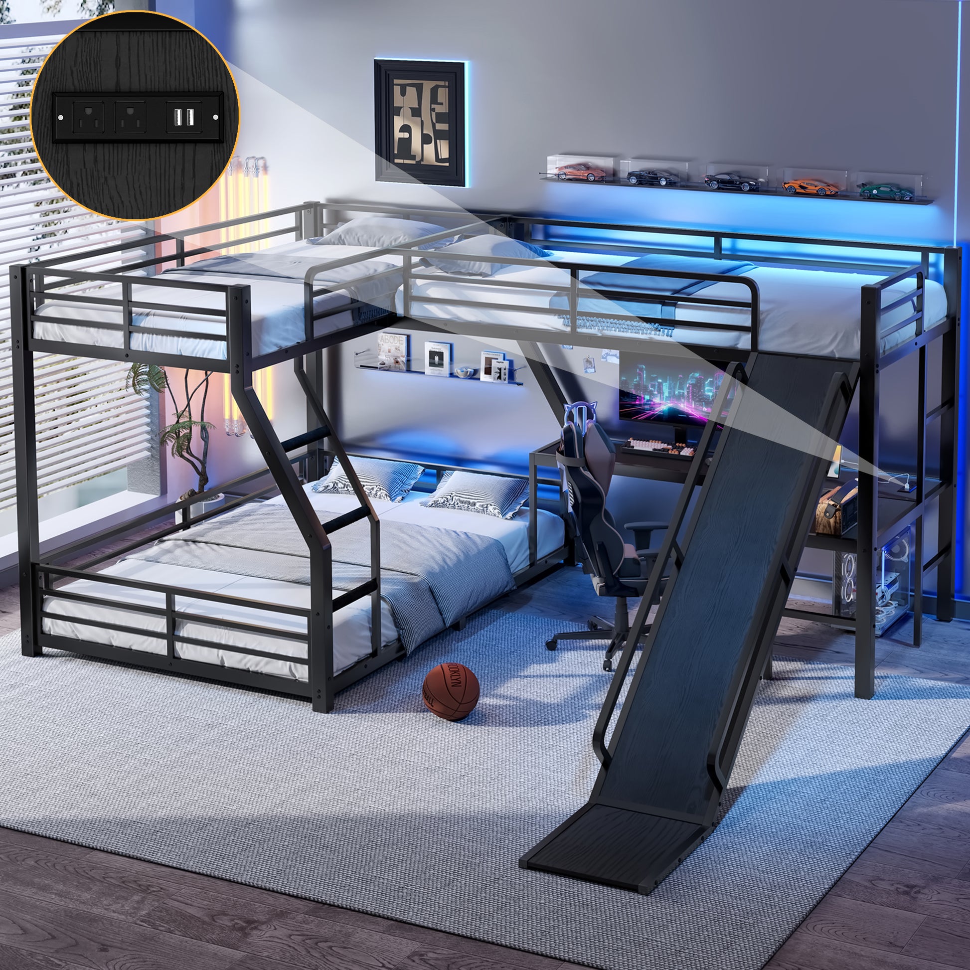 L-Shaped Twin over Full Bunk Bed with Twin Size Loft Bed, Metal Triple Bunk Bed with Slide and USB Ports, Space-saving and Noise-free Design, Black image 1