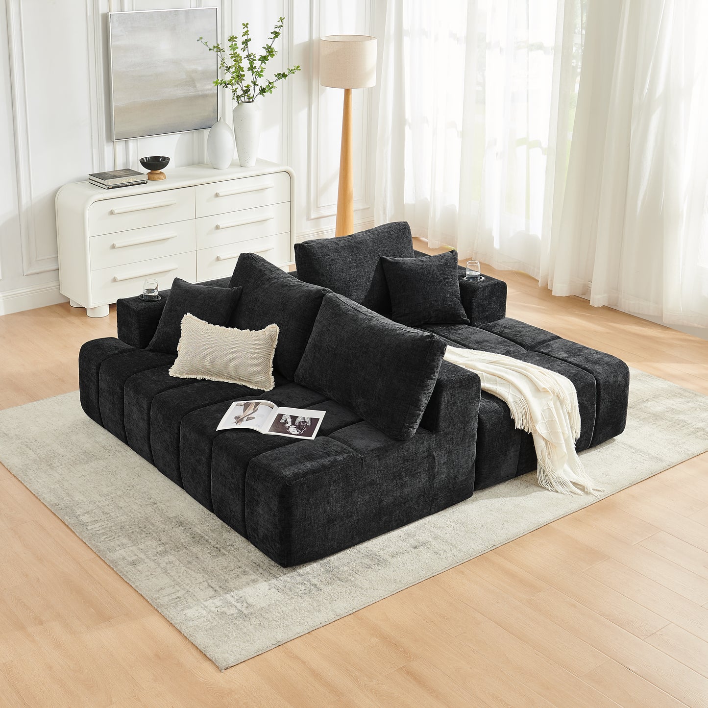 108" L-Shaped Chenille Sectional Sofa, Cloud Style Boneless Sofa with Chaise, Modern Upholstered Couch with Cup Holders & Side Pockets, Compression Sofa for Living Room, No Assembly Required, Black image 6