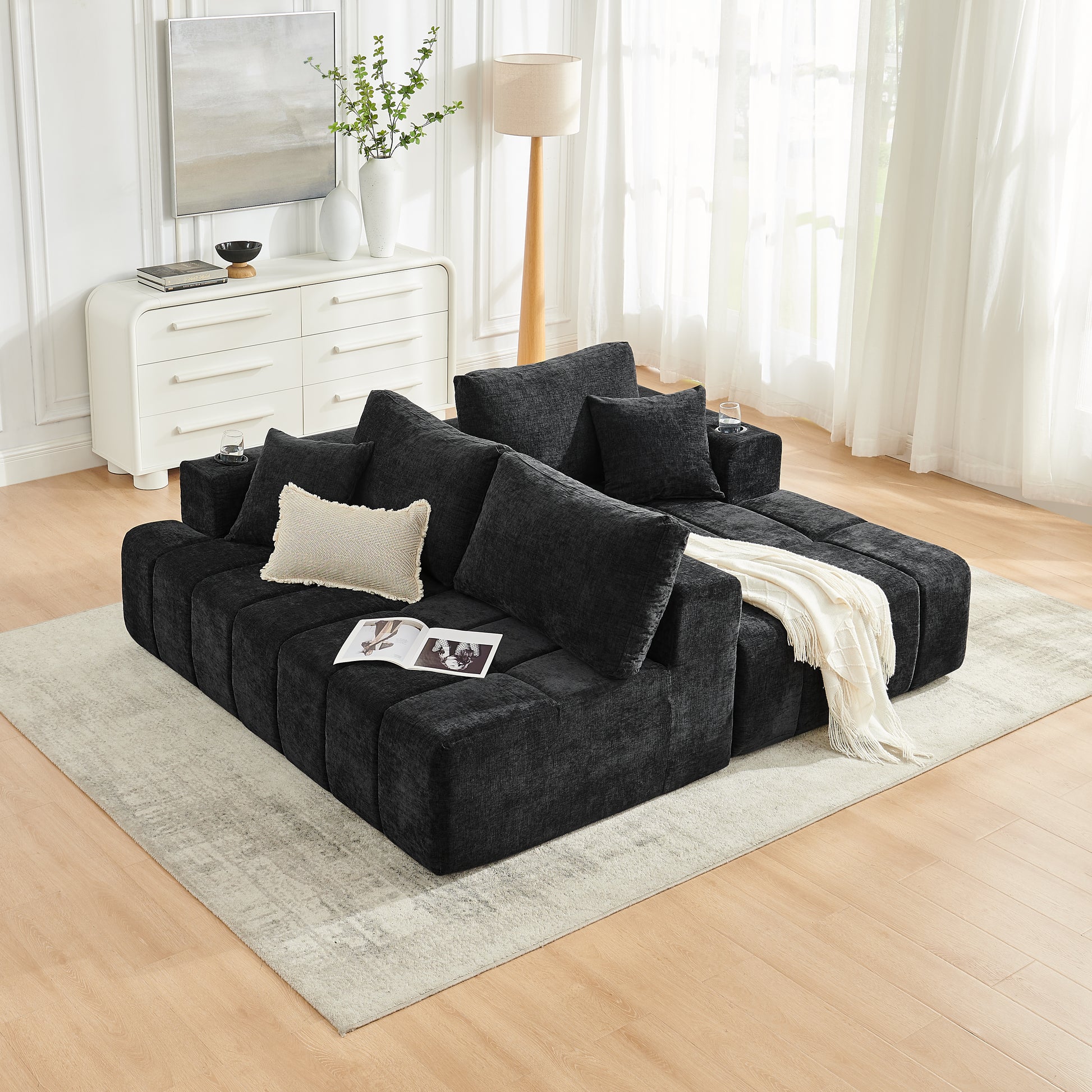 108" L-Shaped Chenille Sectional Sofa, Cloud Style Boneless Sofa with Chaise, Modern Upholstered Couch with Cup Holders & Side Pockets, Compression Sofa for Living Room, No Assembly Required, Black image 6