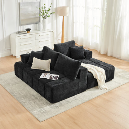 108" L-Shaped Chenille Sectional Sofa, Cloud Style Boneless Sofa with Chaise, Modern Upholstered Couch with Cup Holders & Side Pockets, Compression Sofa for Living Room, No Assembly Required, Black image 6