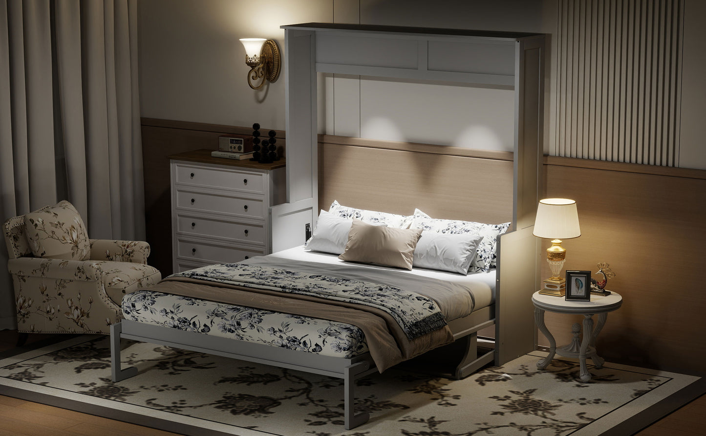 Queen Size Murphy Bed with Desk,LED Lights and USB Charging Station,Gray image 8