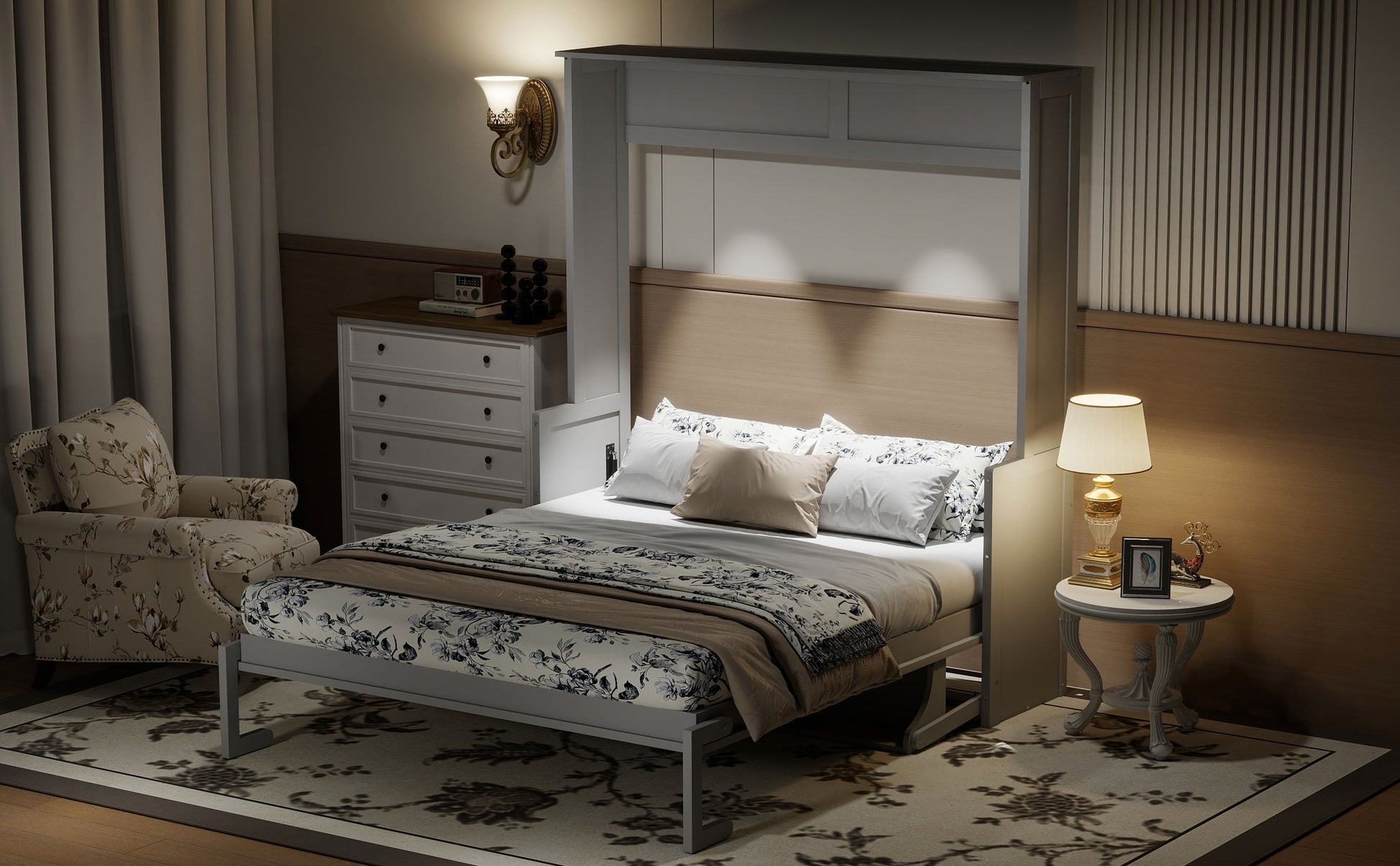 Queen Size Murphy Bed with Desk,LED Lights and USB Charging Station,Gray image 8